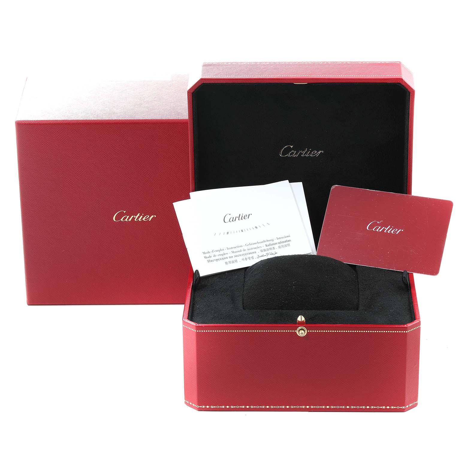 The image shows the red packaging box and documentation for a Cartier Ballon Bleu W4BB0016 Women
s Stainless Steel Silver Dial W4BB0016 Women
s Stainless Steel Silver Dial watch.