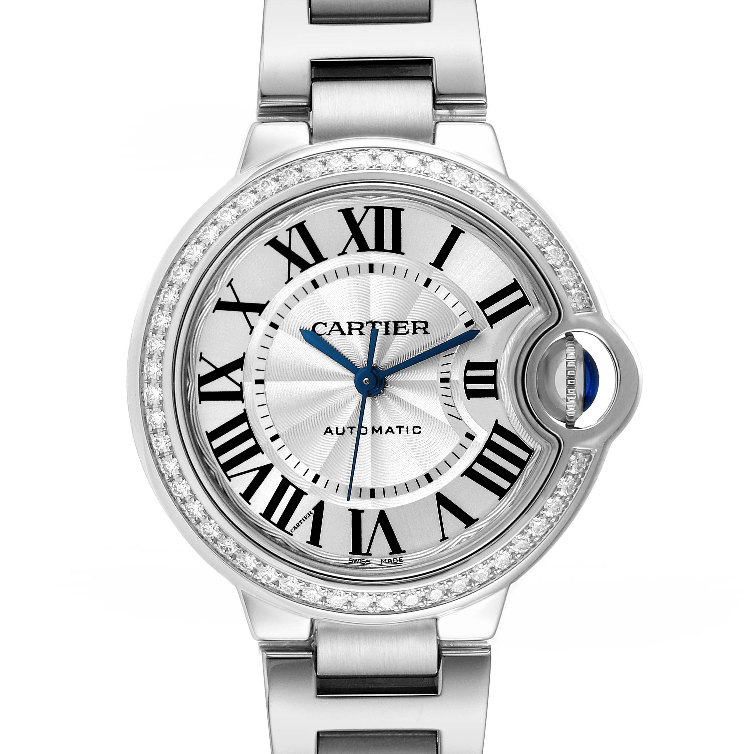 The image shows a front view of a Cartier Ballon Bleu W4BB0016 Women
s Stainless Steel Silver Dial W4BB0016 Women
s Stainless Steel Silver Dial watch displaying its face, bezel, and bracelet.