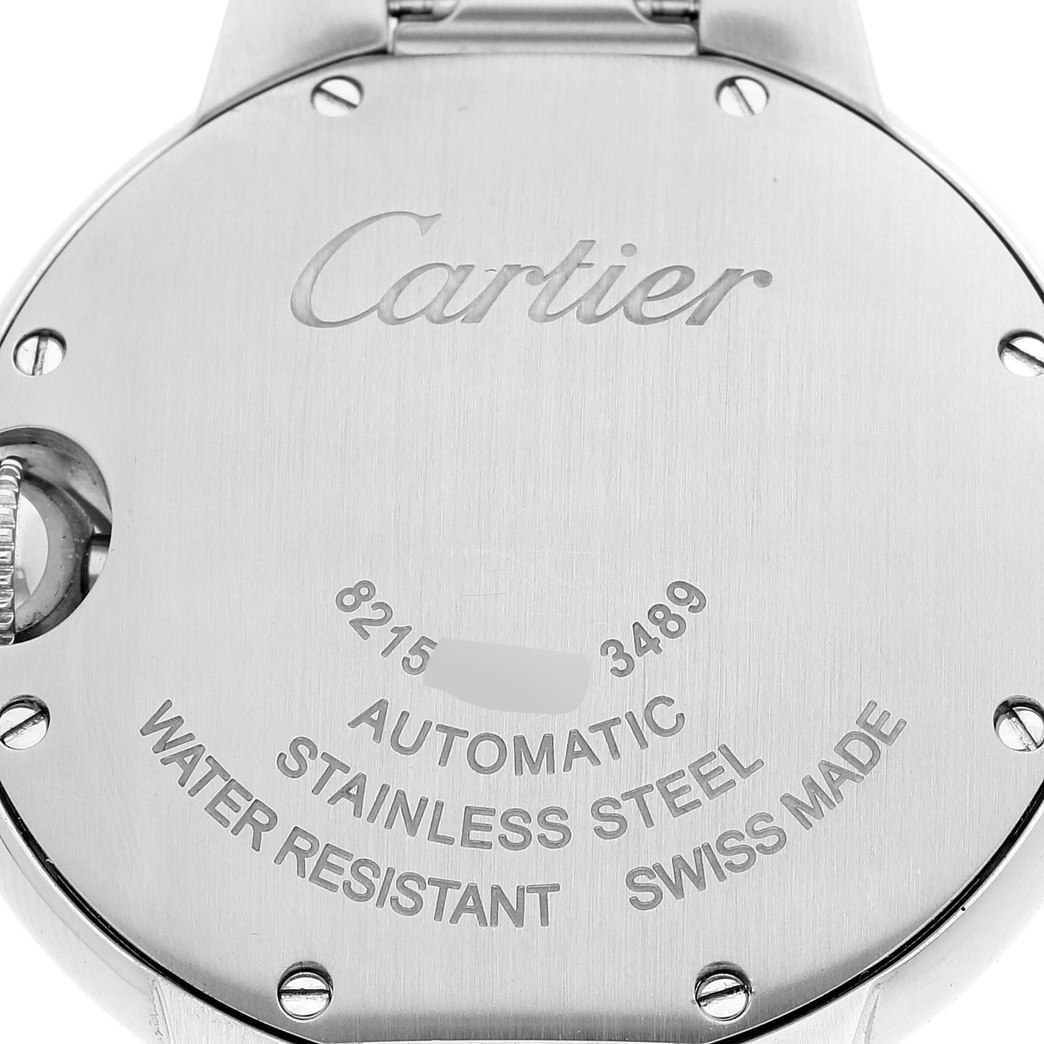 The image shows the back case of a Ballon Bleu Cartier watch, highlighting the brand name and specifications.