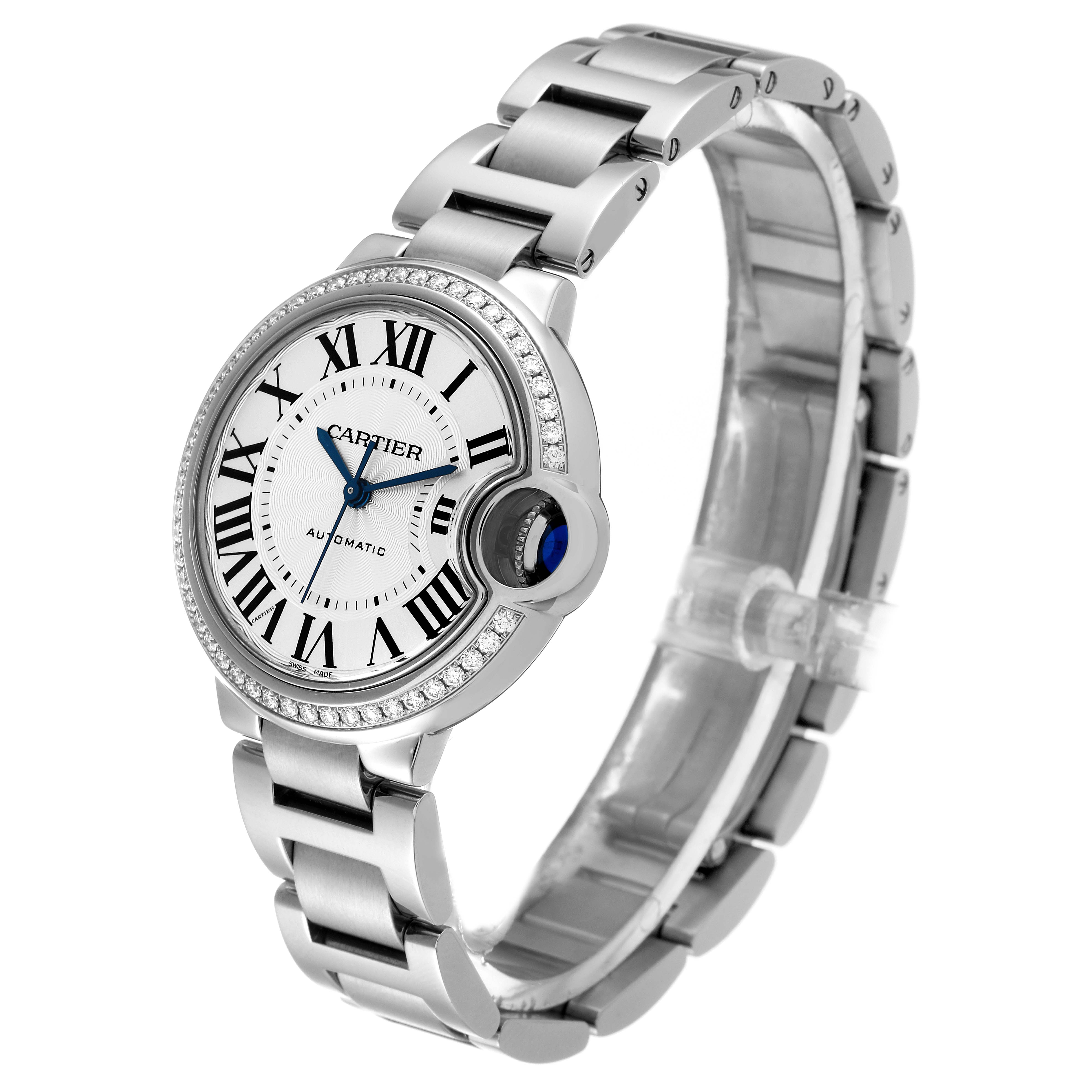 The image shows a Cartier Ballon Bleu W4BB0016 Women
s Stainless Steel Silver Dial W4BB0016 Women
s Stainless Steel Silver Dial watch at an angled view, displaying the face, bezel, crown, and metal bracelet.