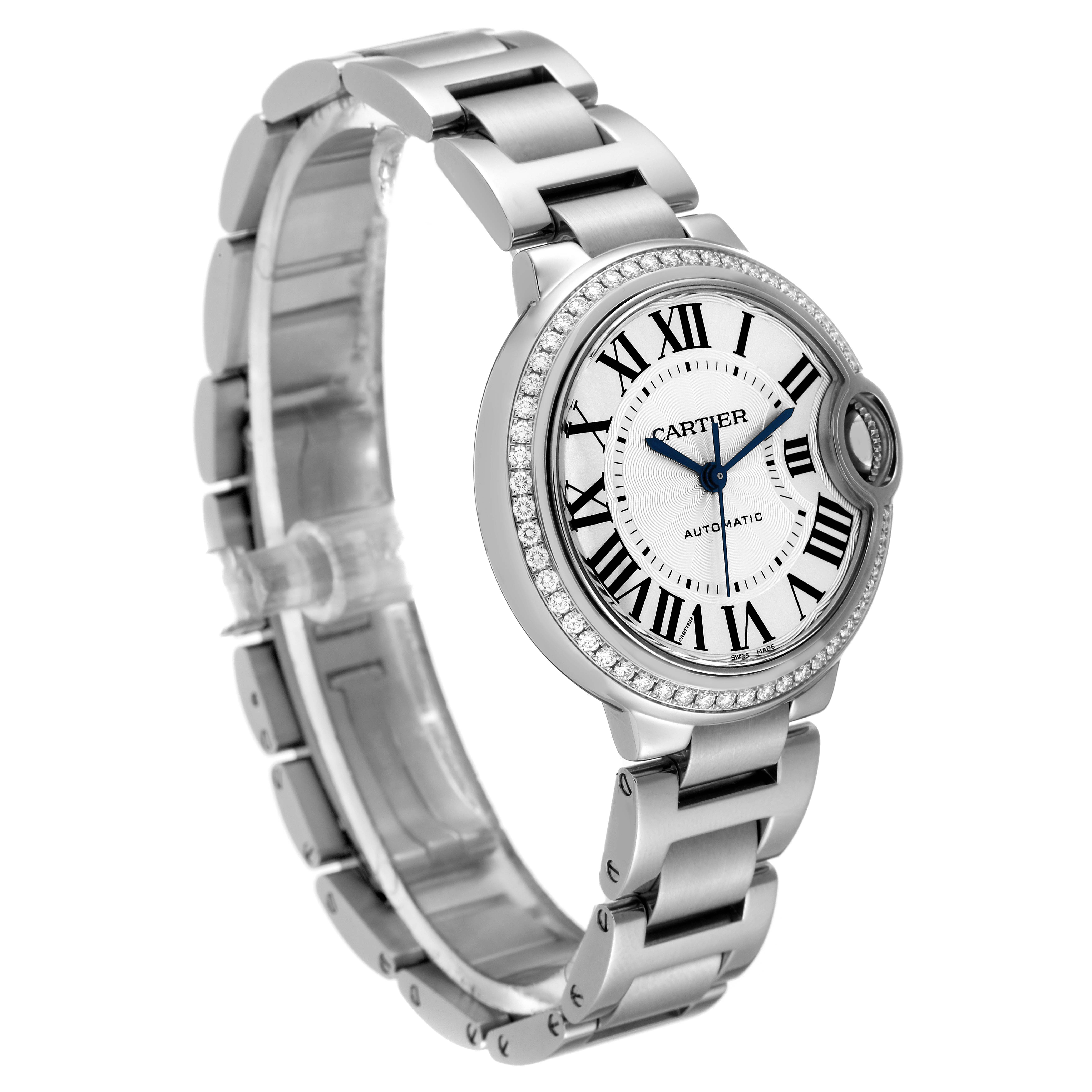 The image shows a side and front view of the Ballon Bleu de Cartier watch, highlighting its bracelet and diamond-set bezel.