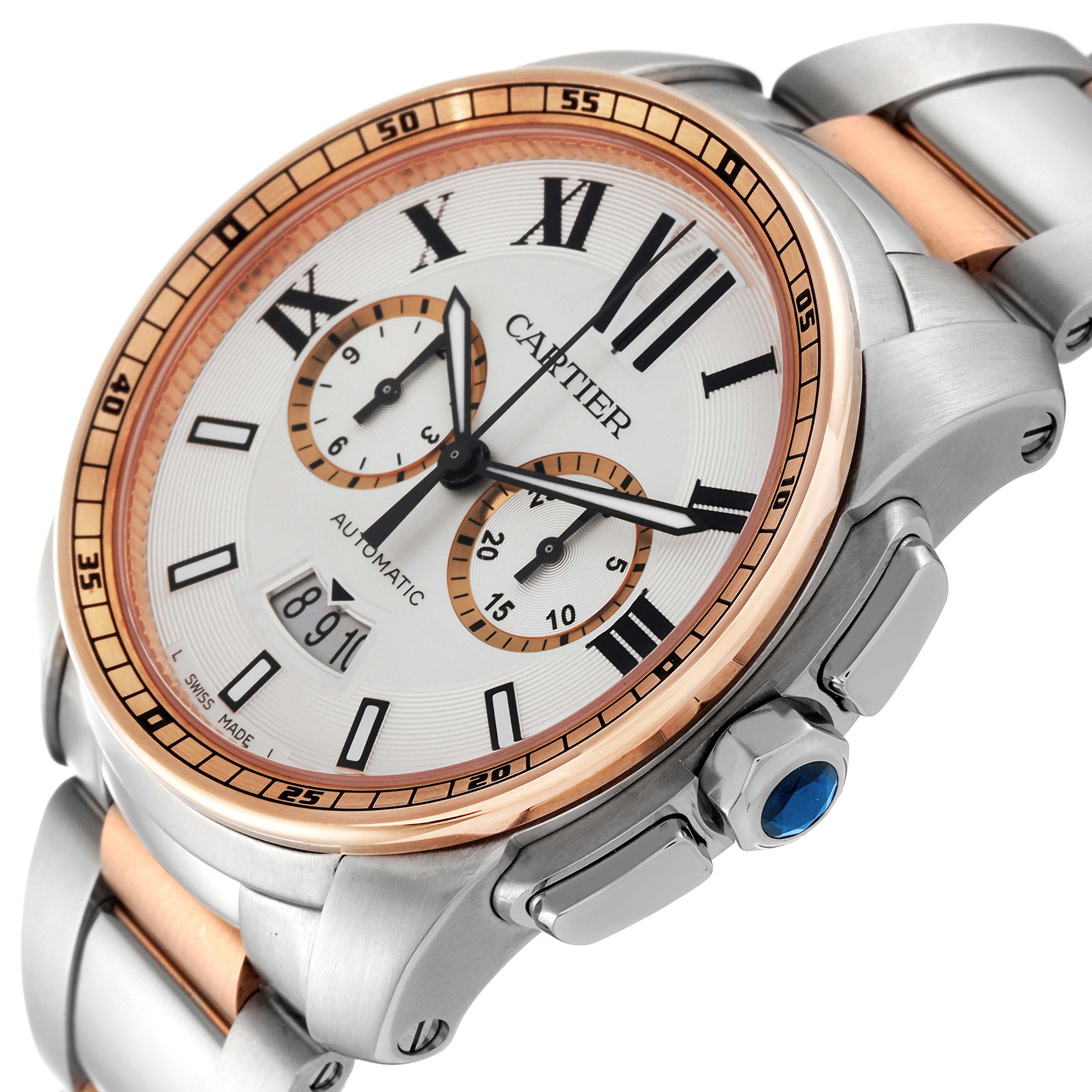 The Calibre de Cartier watch is shown from an angled perspective highlighting the face, bezel, and part of the bracelet.