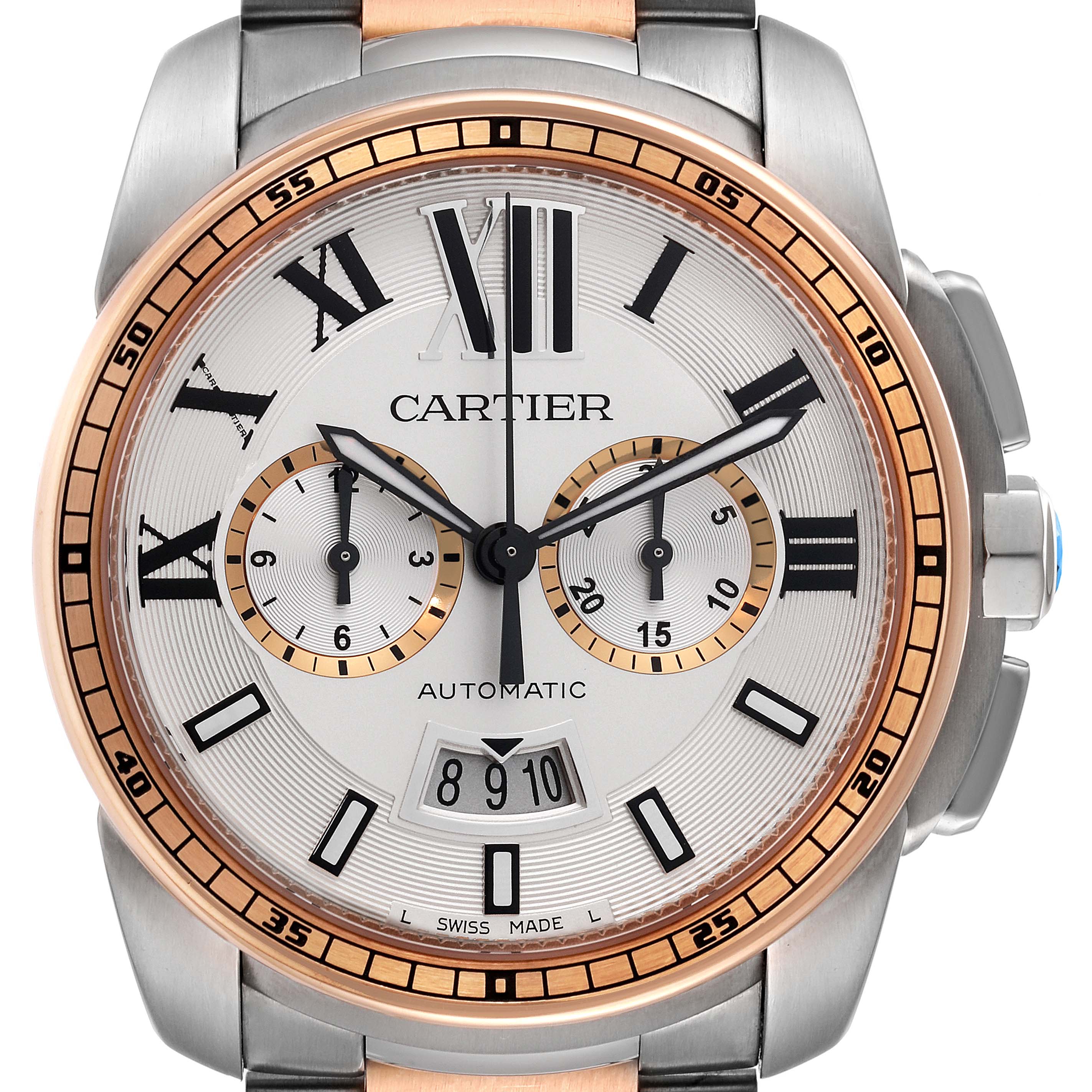 The image shows a front view of the Calibre de Cartier watch by Cartier, highlighting its dial, sub-dials, and bezel.