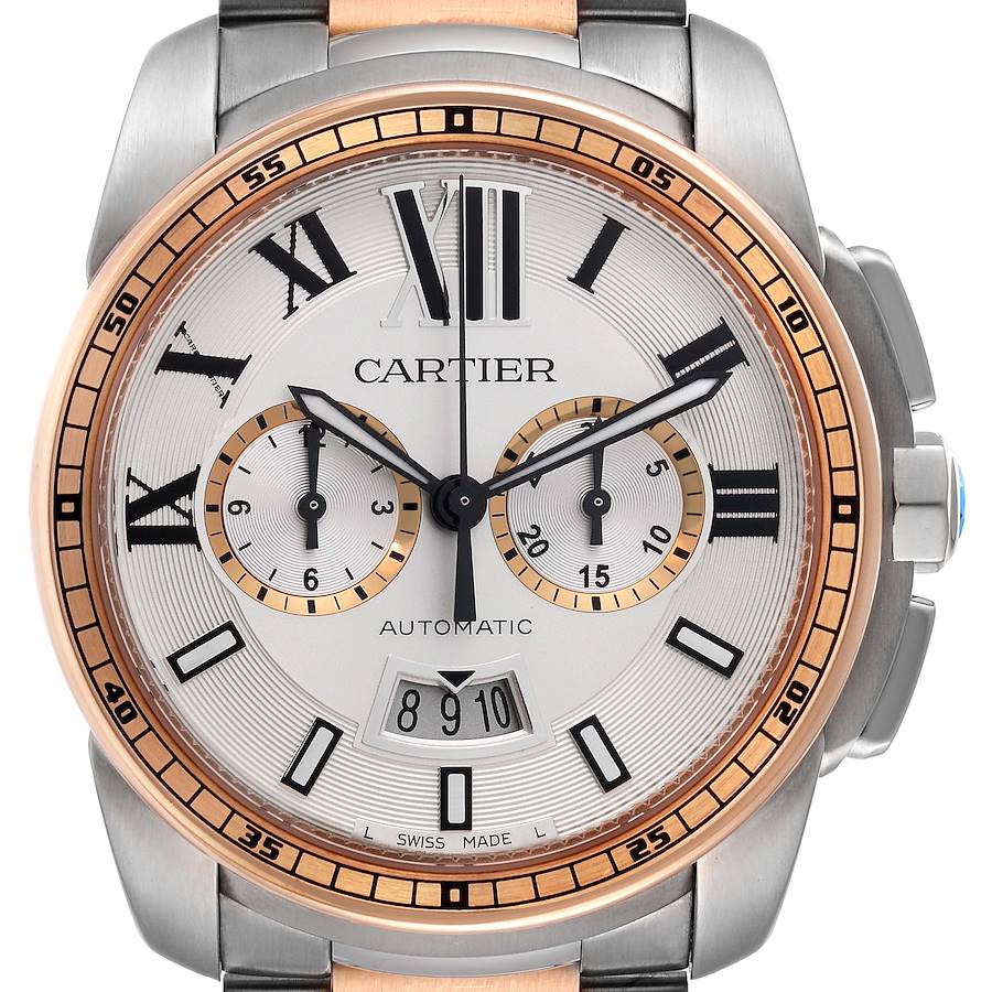 Cartier Calibre Chronograph Steel Rose Gold Mens Watch W7100042 Box Papers SwissWatchExpo