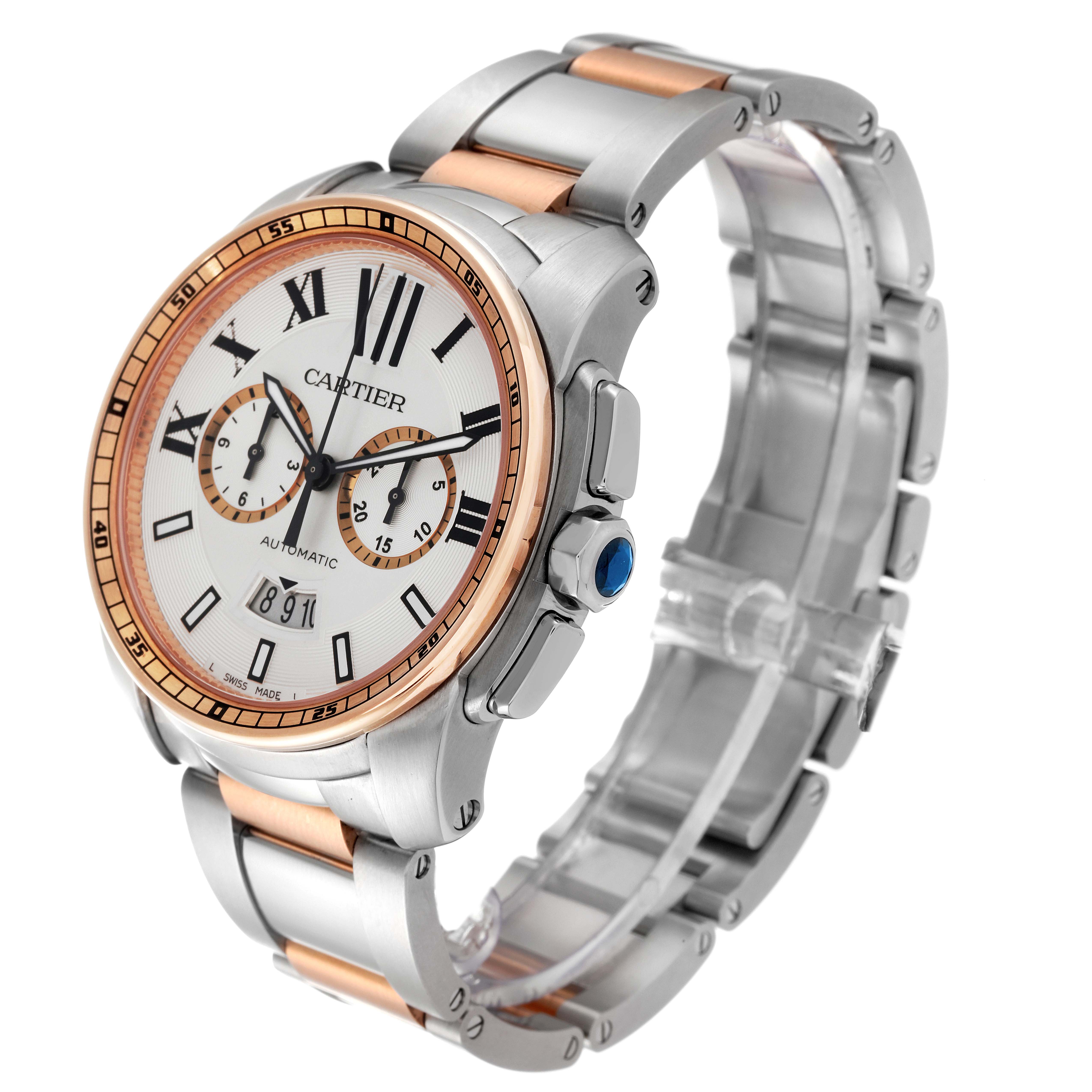 The image shows a side angle of the Calibre de Cartier watch by Cartier, highlighting its two-tone bracelet, dial, and crown.