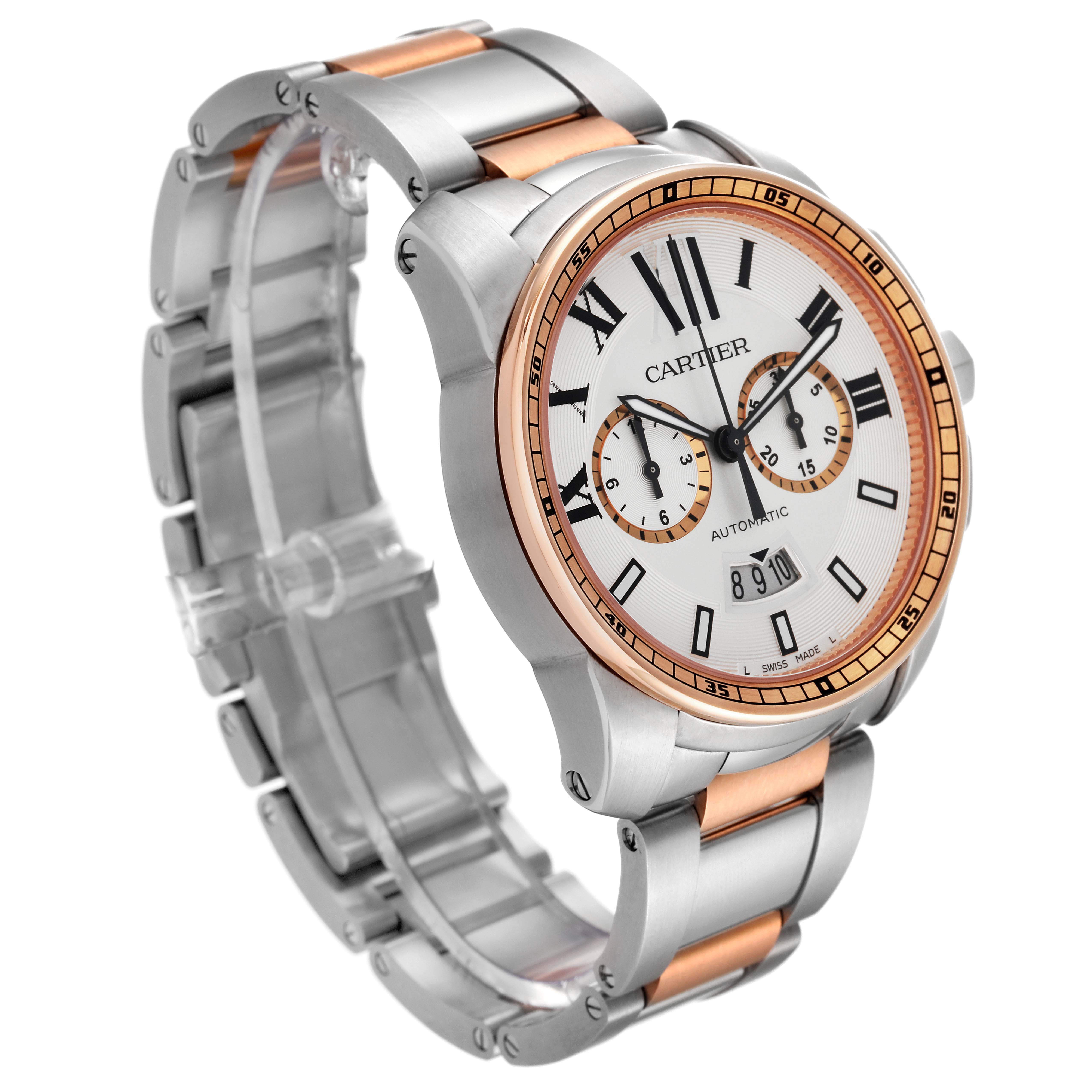 This image shows a side angle of the Calibre de Cartier watch by Cartier, featuring the face, bracelet, and bezel.