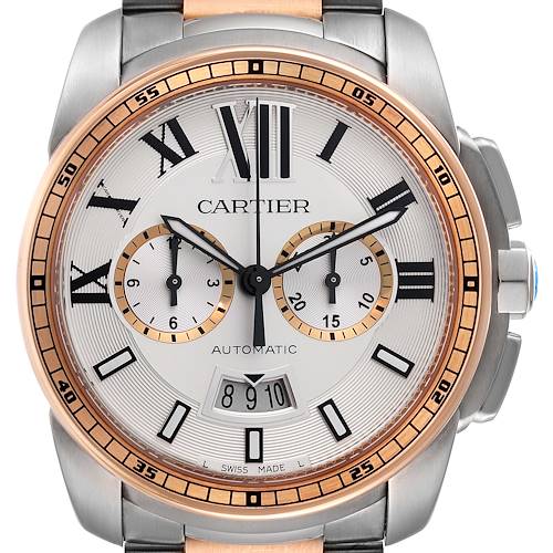 Photo of Cartier Calibre Chronograph Steel Rose Gold Mens Watch W7100042 Box Papers
