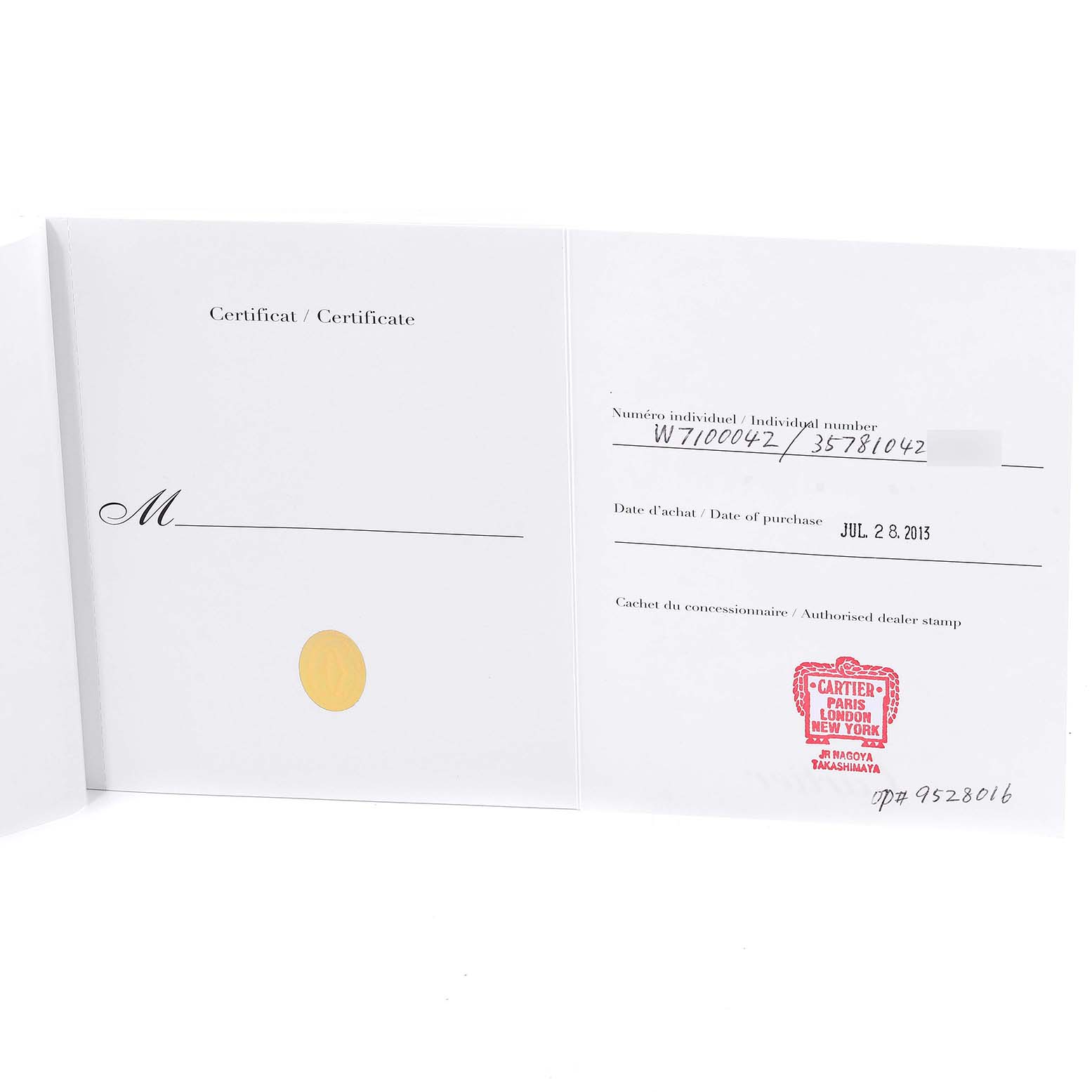 This image shows a certificate of authenticity for the Calibre de Cartier model by Cartier, displaying date, serial number, and dealer stamp.