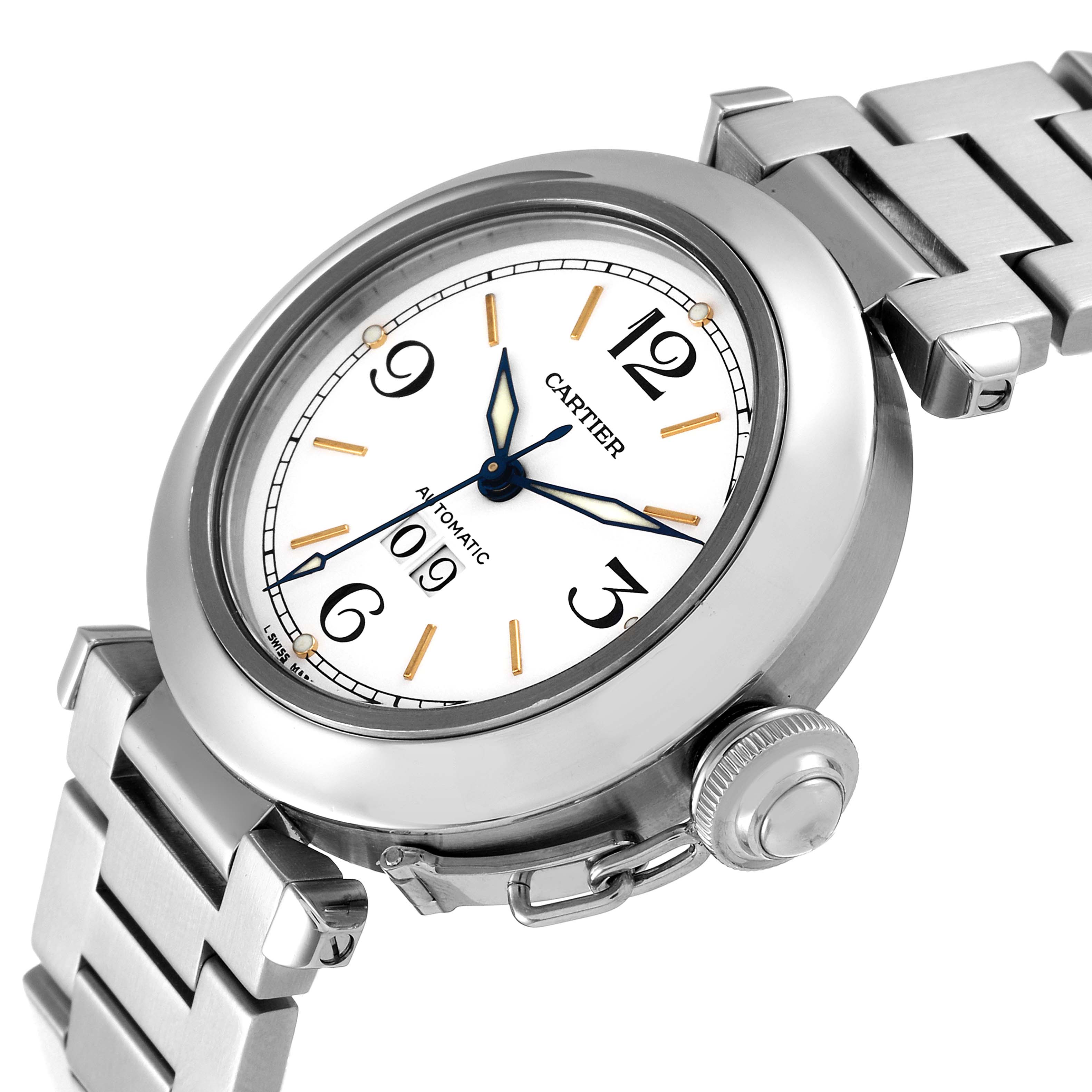 The image shows a close-up angled view of the face, bezel, and part of the bracelet of a Cartier Pasha W31044M7 Men's Stainless Steel White Dial W31044M7 Men's Stainless Steel White Dial watch.