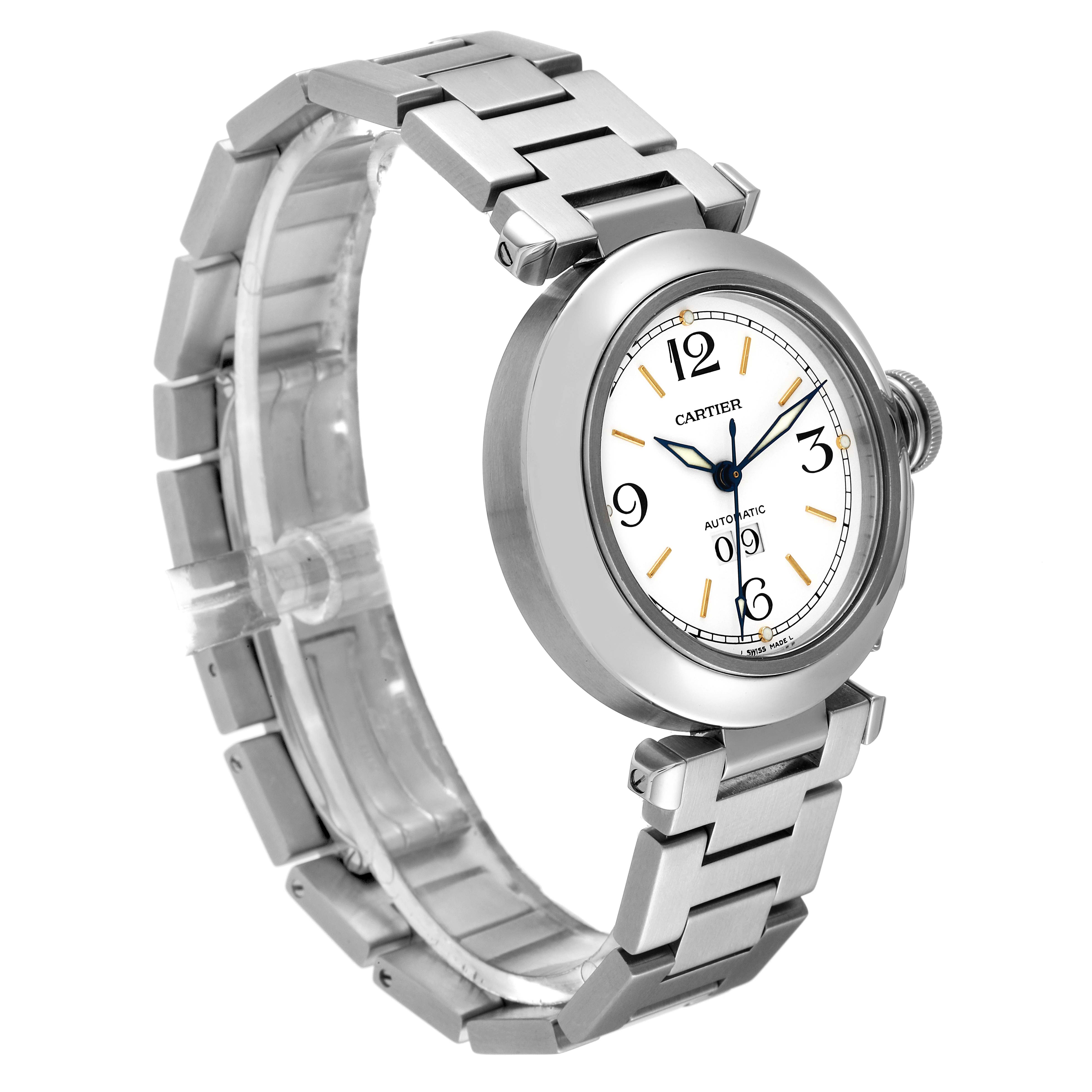 The Cartier Pasha W31044M7 Men's Stainless Steel White Dial W31044M7 Men's Stainless Steel White Dial watch is shown at an angle highlighting the face, bezel, bracelet, and crown.