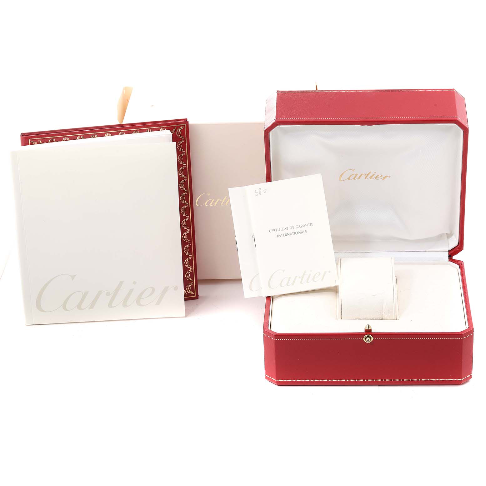 The image shows a Cartier Pasha W31044M7 Men's Stainless Steel White Dial W31044M7 Men's Stainless Steel White Dial watch box, warranty certificate, and accompanying documents from a frontal angle.