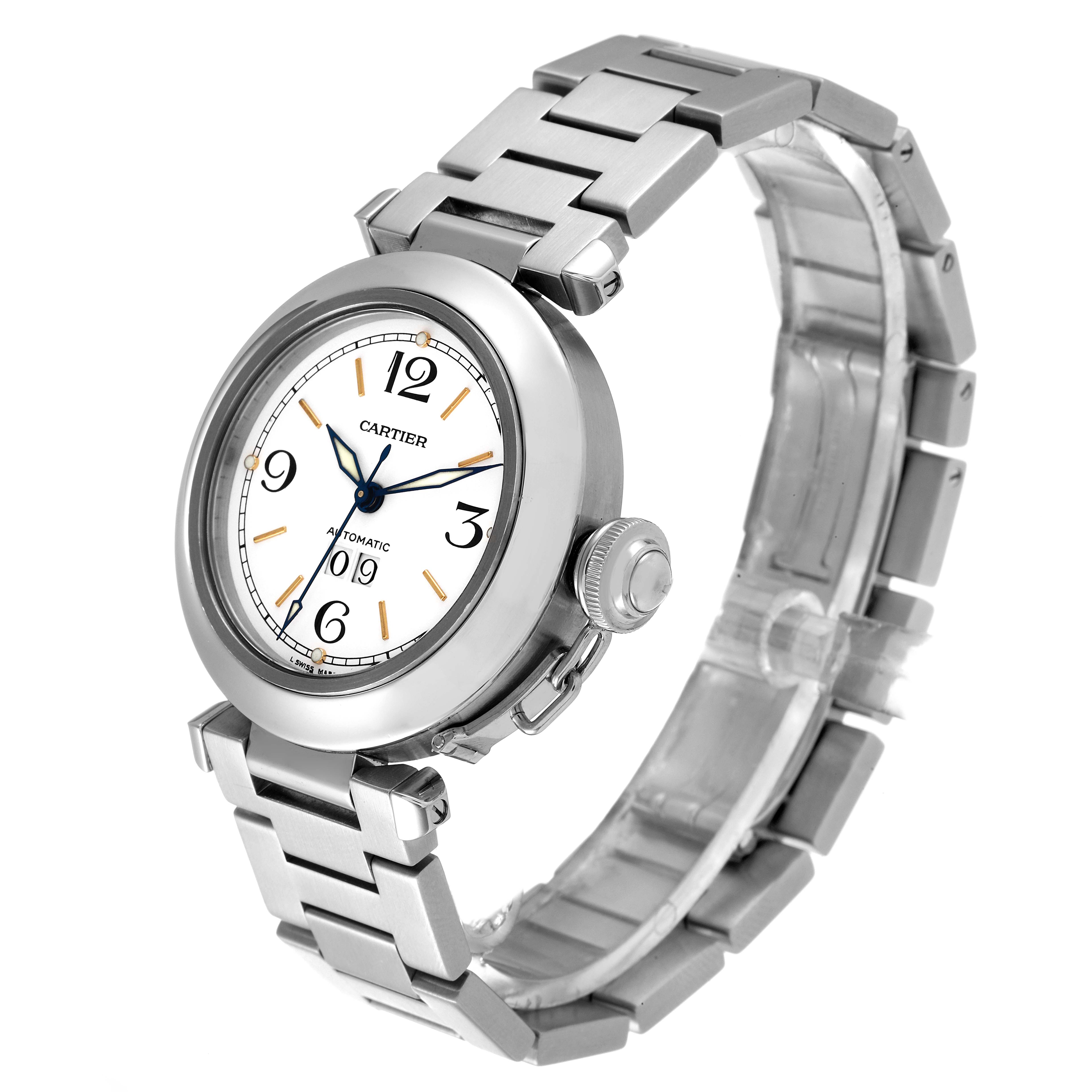 The Cartier Pasha W31044M7 Men's Stainless Steel White Dial W31044M7 Men's Stainless Steel White Dial watch is shown at a three-quarter angle, displaying the face, crown, and metal bracelet.