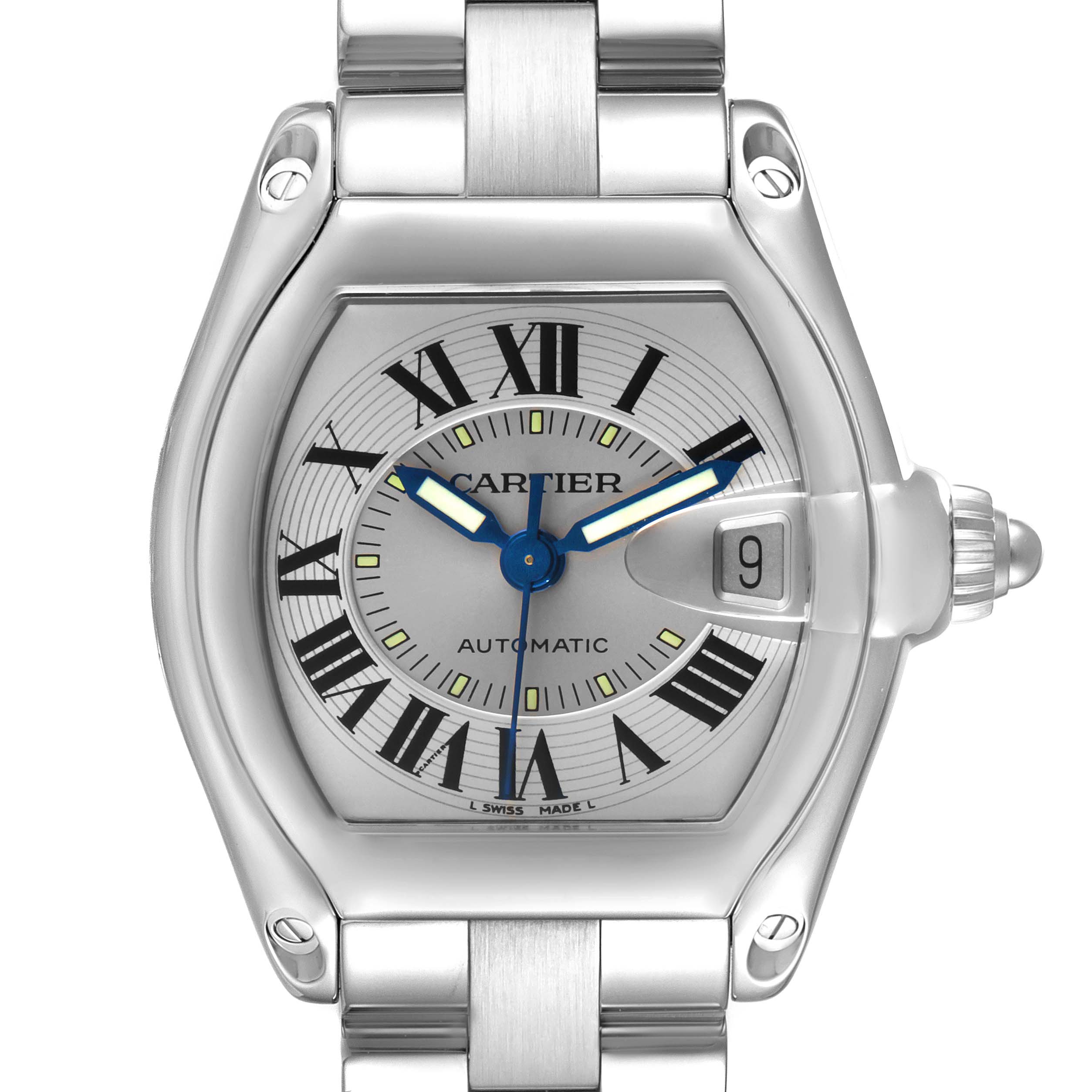 The image shows a front view of a Cartier Roadster W62000V3 Men
s Stainless Steel Silver Dial W62000V3 Men
s Stainless Steel Silver Dial model watch, highlighting its dial, hands, date window, and bracelet connection.