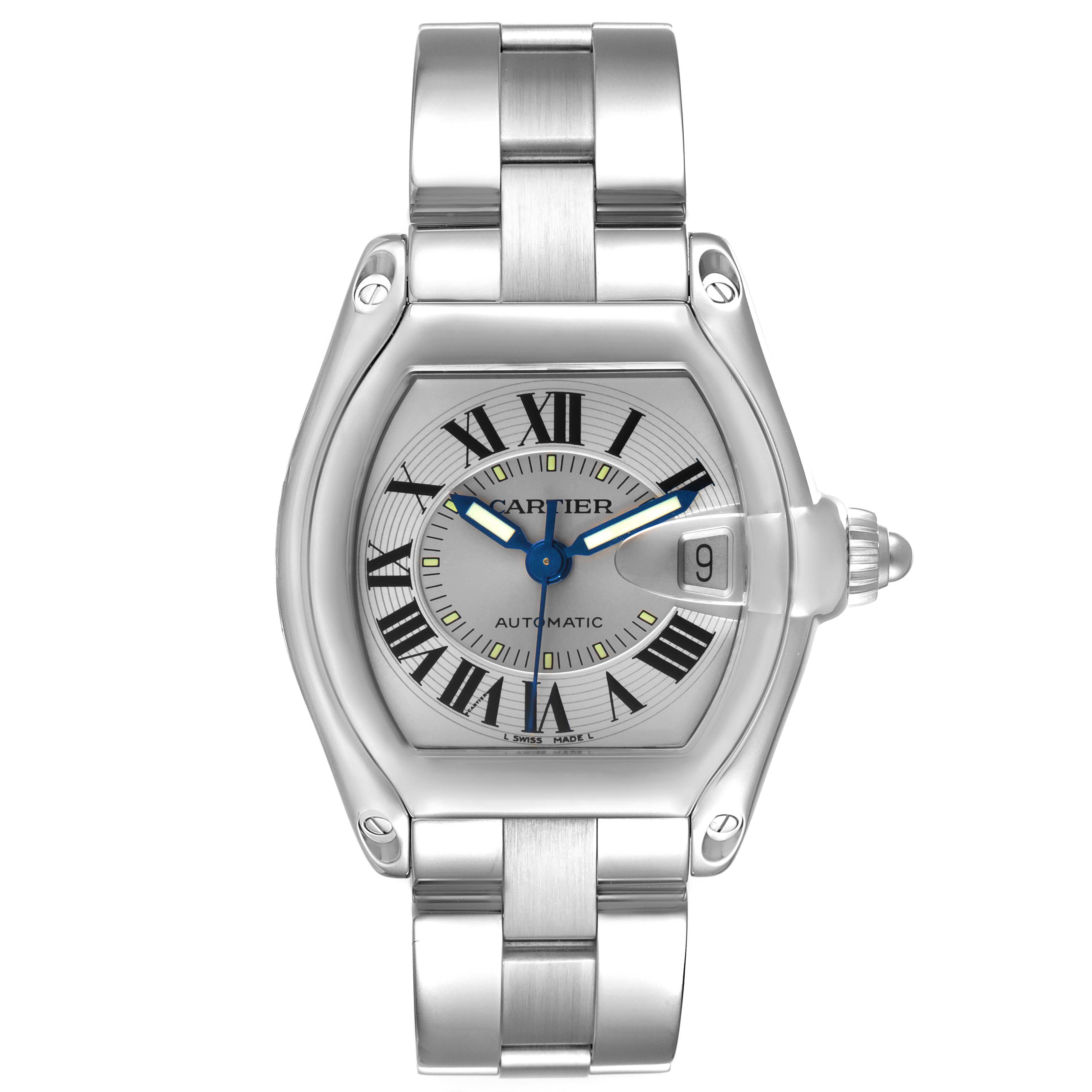 The image shows a front-angle view of the Cartier Roadster W62000V3 Men
s Stainless Steel Silver Dial W62000V3 Men
s Stainless Steel Silver Dial watch, featuring a silver bracelet and a detailed dial with Roman numerals.