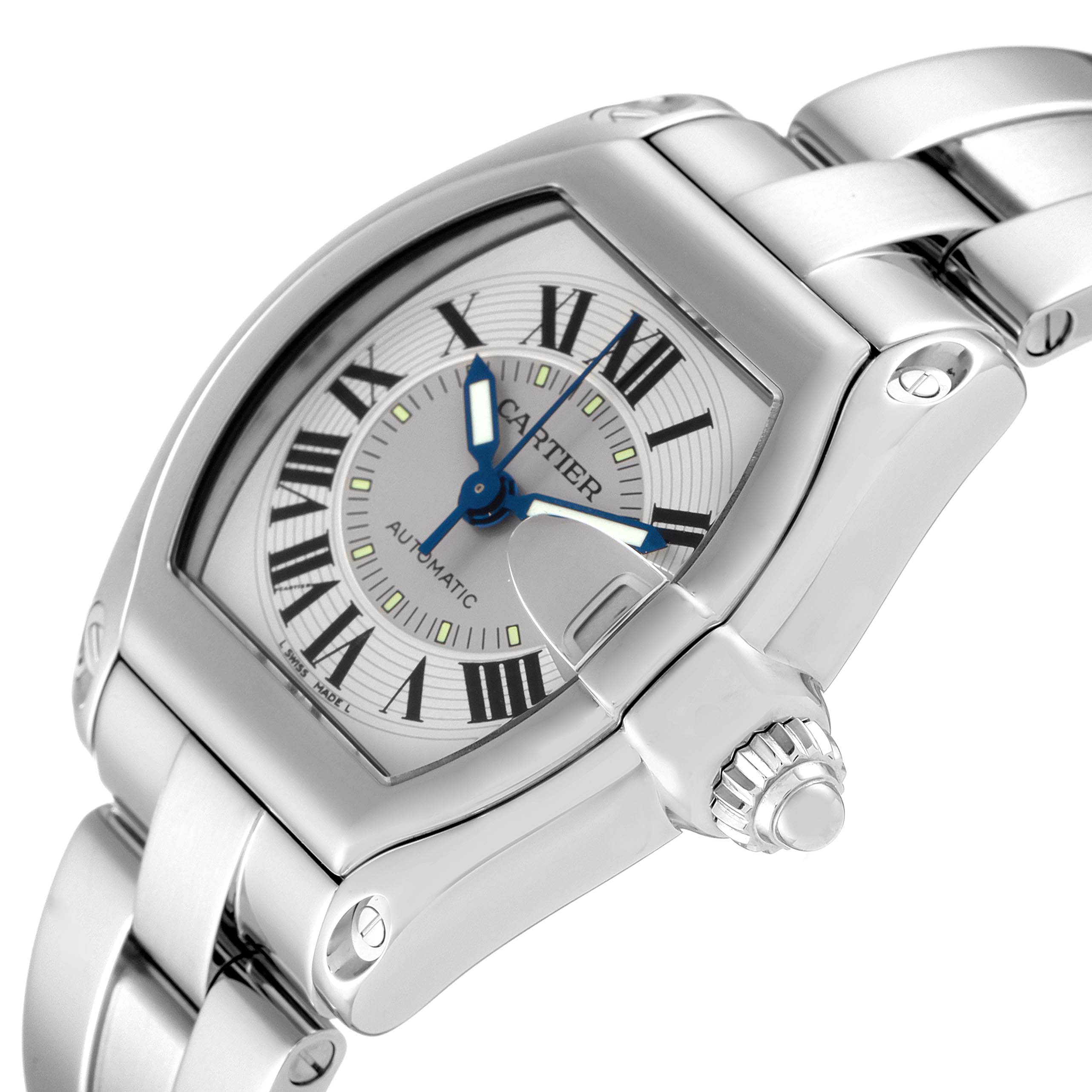 This image shows a close-up view of the Cartier Roadster W62000V3 Men
s Stainless Steel Silver Dial W62000V3 Men
s Stainless Steel Silver Dial watch, highlighting the dial, case, crown, and part of the bracelet.