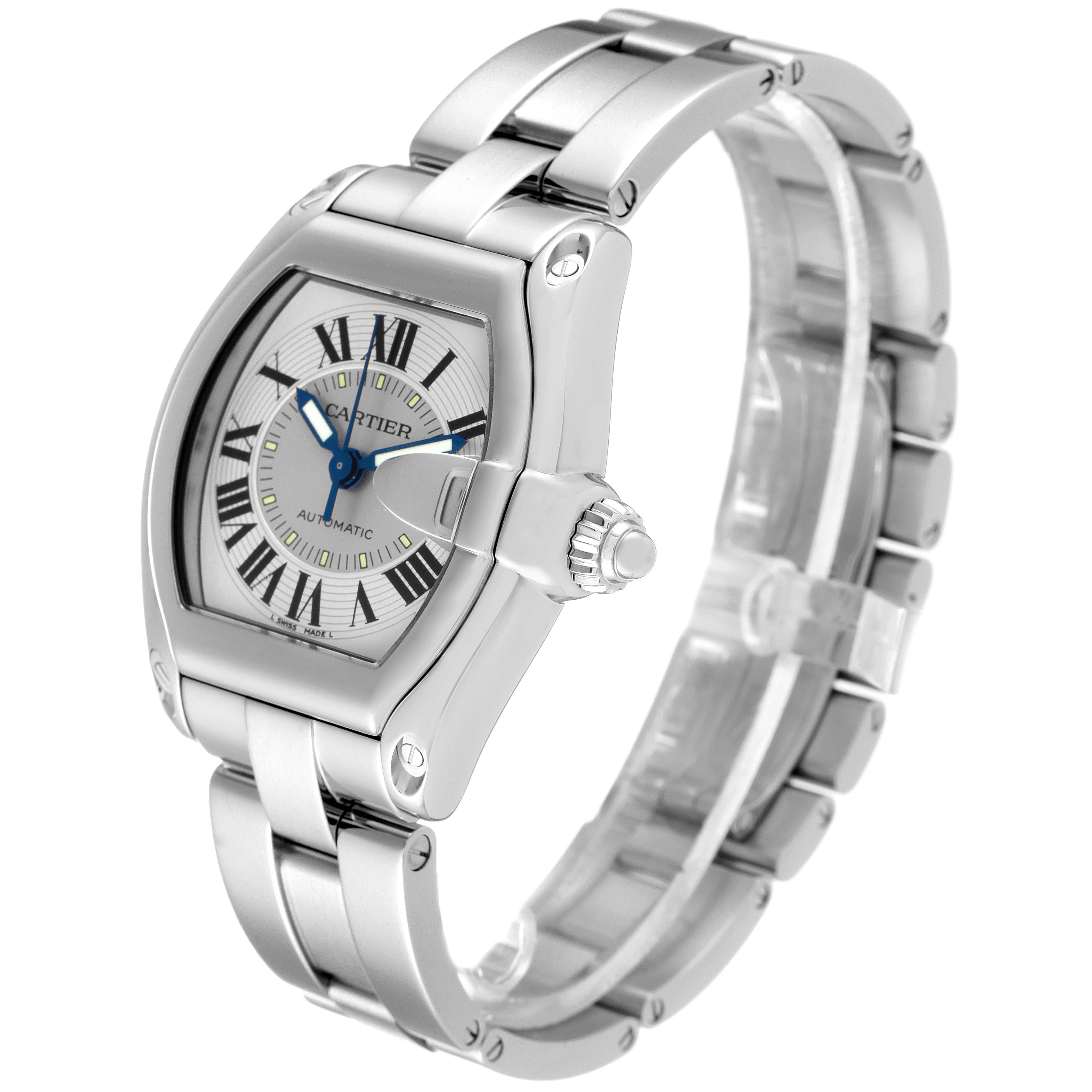 The Cartier Roadster W62000V3 Men
s Stainless Steel Silver Dial W62000V3 Men
s Stainless Steel Silver Dial watch is shown from a front-facing angle, highlighting its face, dial, crown, and bracelet.