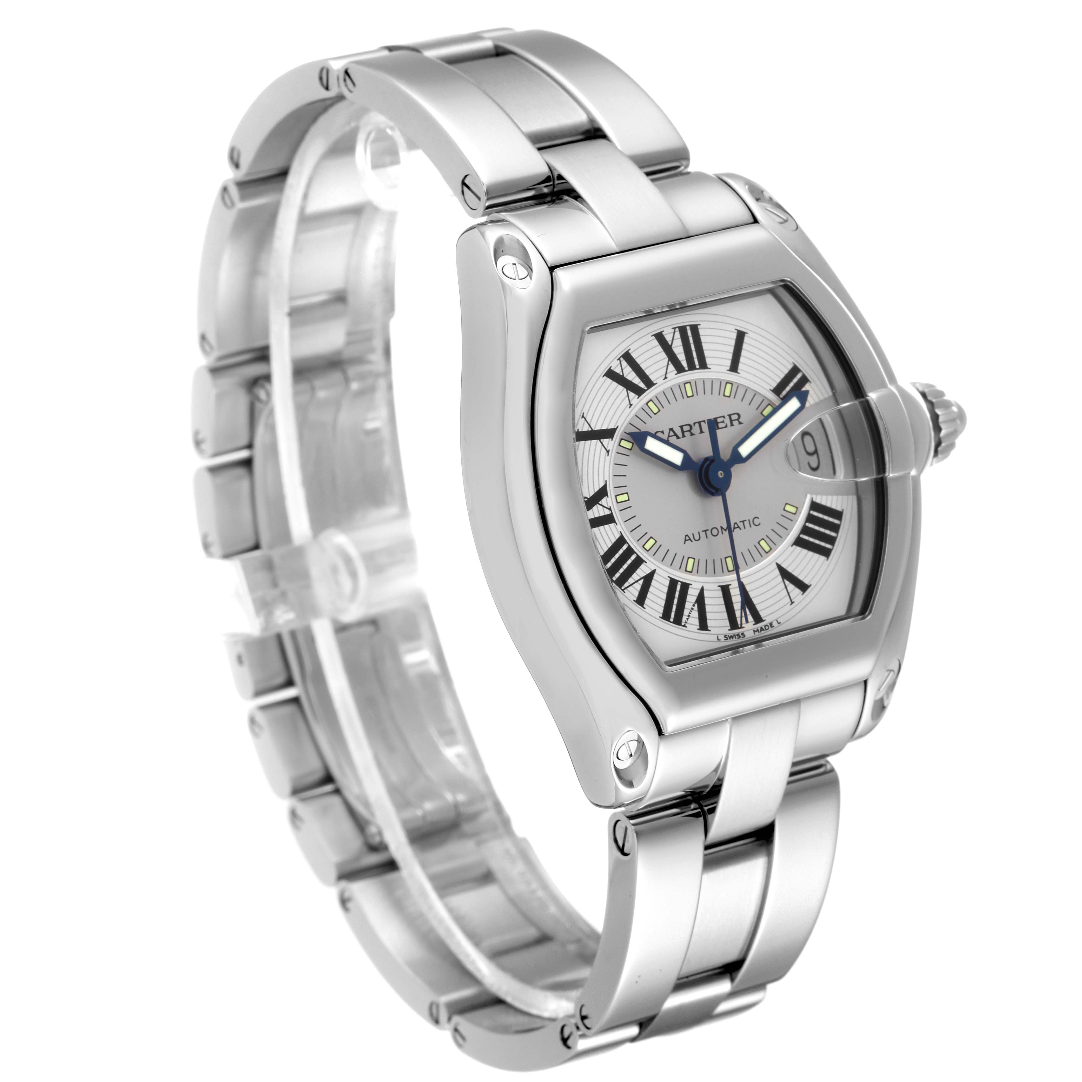 The Cartier Roadster W62000V3 Men
s Stainless Steel Silver Dial W62000V3 Men
s Stainless Steel Silver Dial watch is shown at an angle, displaying the face, bezel, and bracelet links.