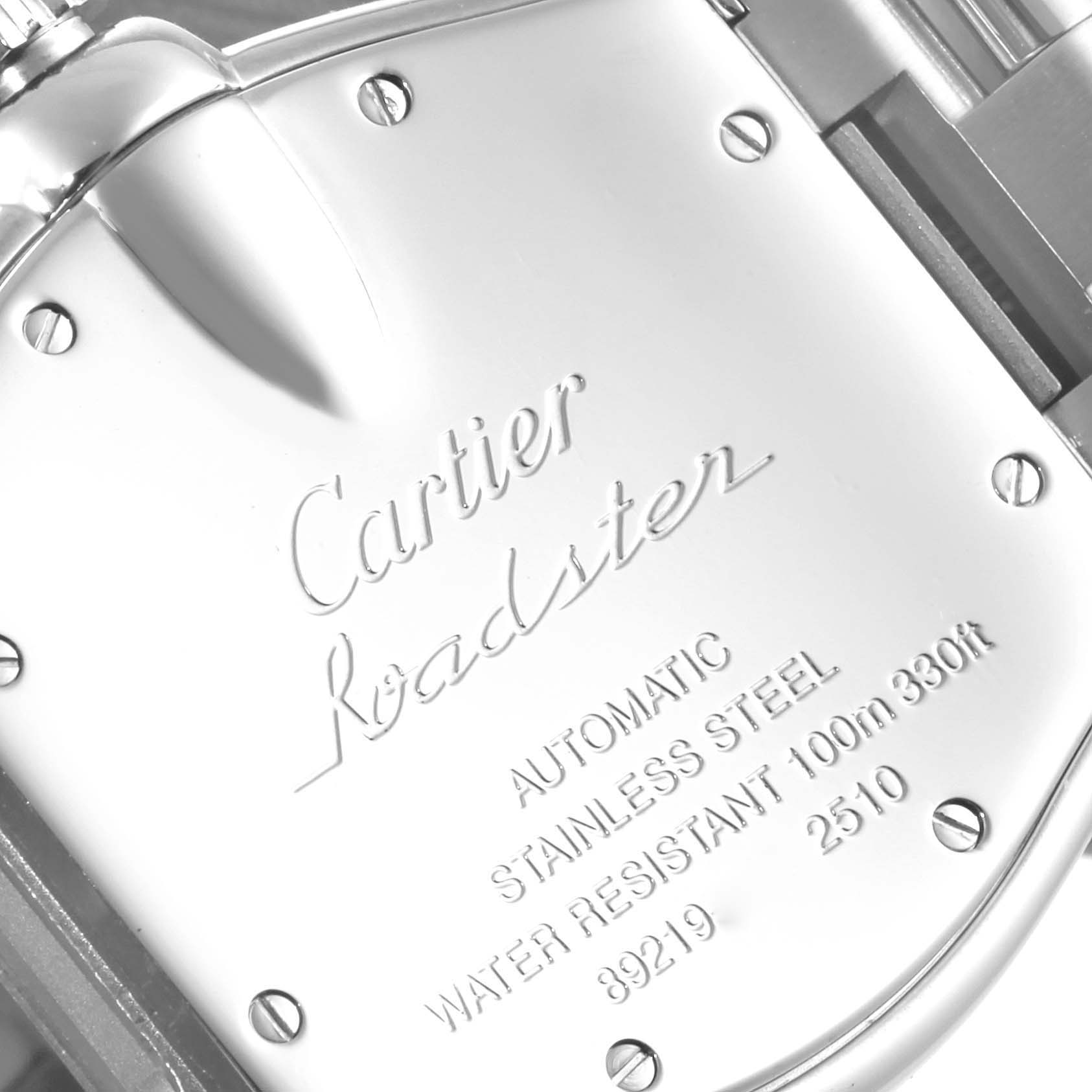 The image shows the back case of a Cartier Roadster W62000V3 Men
s Stainless Steel Silver Dial W62000V3 Men
s Stainless Steel Silver Dial watch, highlighting the brand and model engravings.