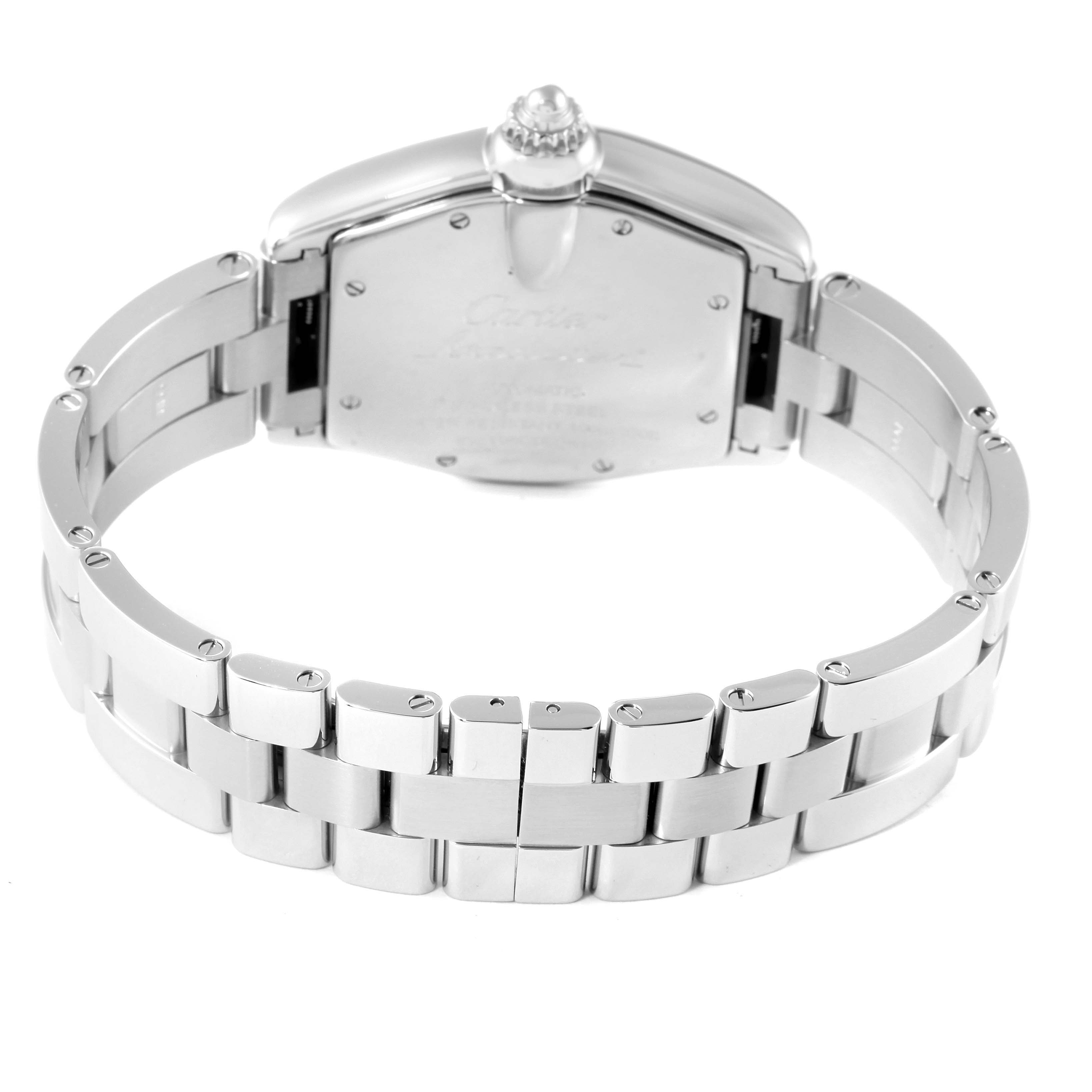 This image shows the back case and bracelet of a Cartier Roadster W62000V3 Men
s Stainless Steel Silver Dial W62000V3 Men
s Stainless Steel Silver Dial watch from a rear angle.