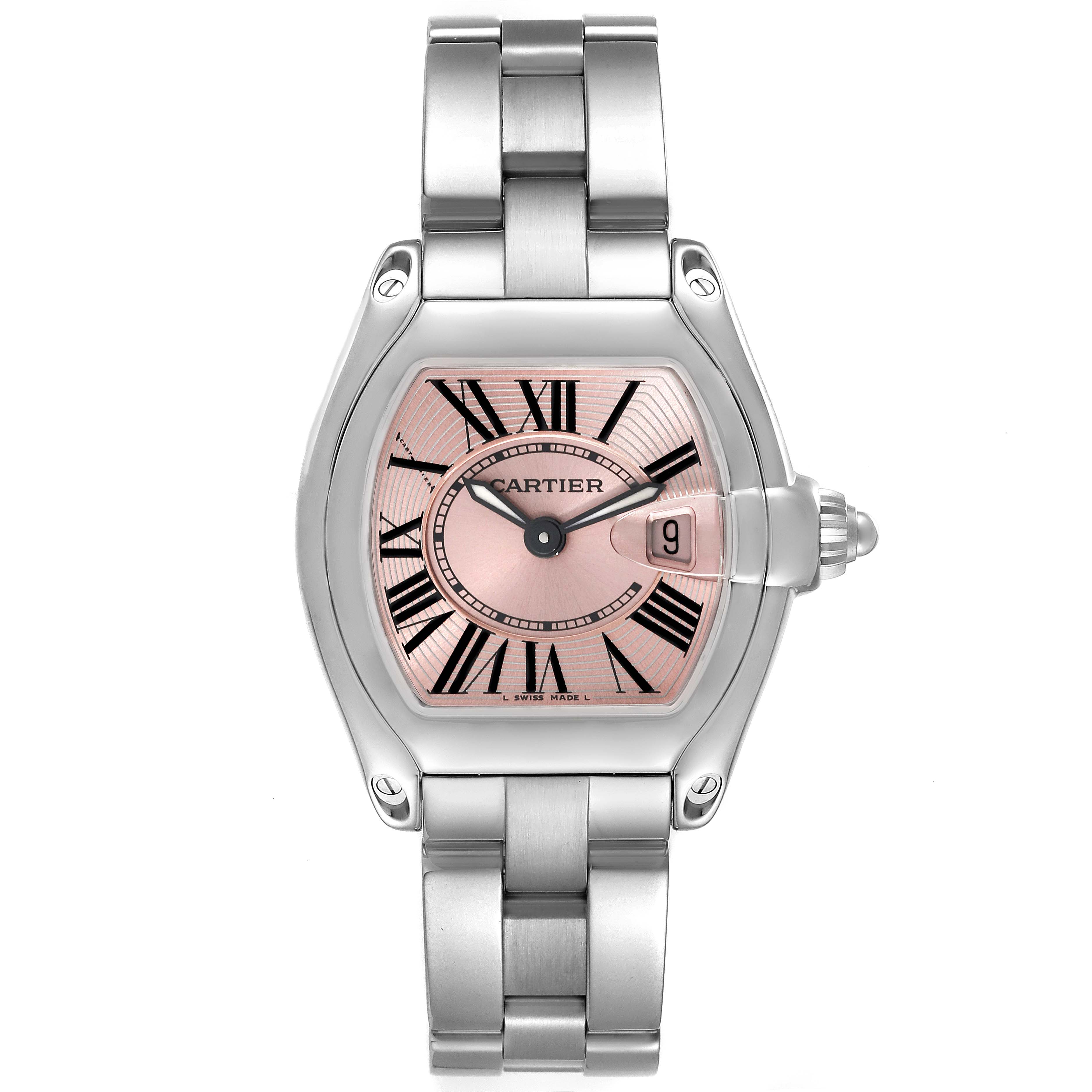 The image shows a front view of the Cartier Roadster W62017V3 Women's Stainless Steel Pink Dial W62017V3 Women's Stainless Steel Pink Dial watch, featuring its face, bezel, and bracelet.