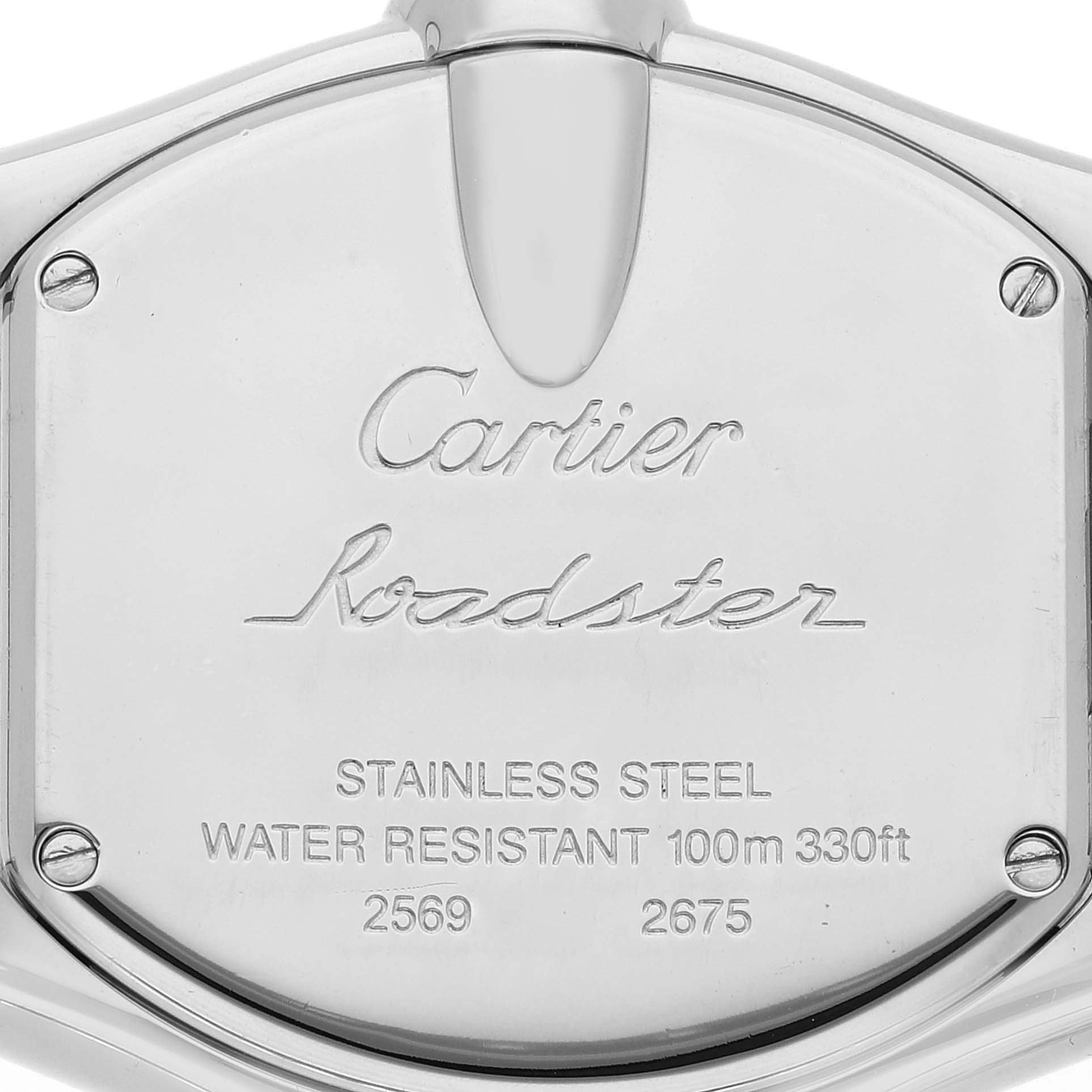 The image shows the back case of a Cartier Roadster W62017V3 Women's Stainless Steel Pink Dial W62017V3 Women's Stainless Steel Pink Dial watch, highlighting its stainless-steel composition and water resistance.