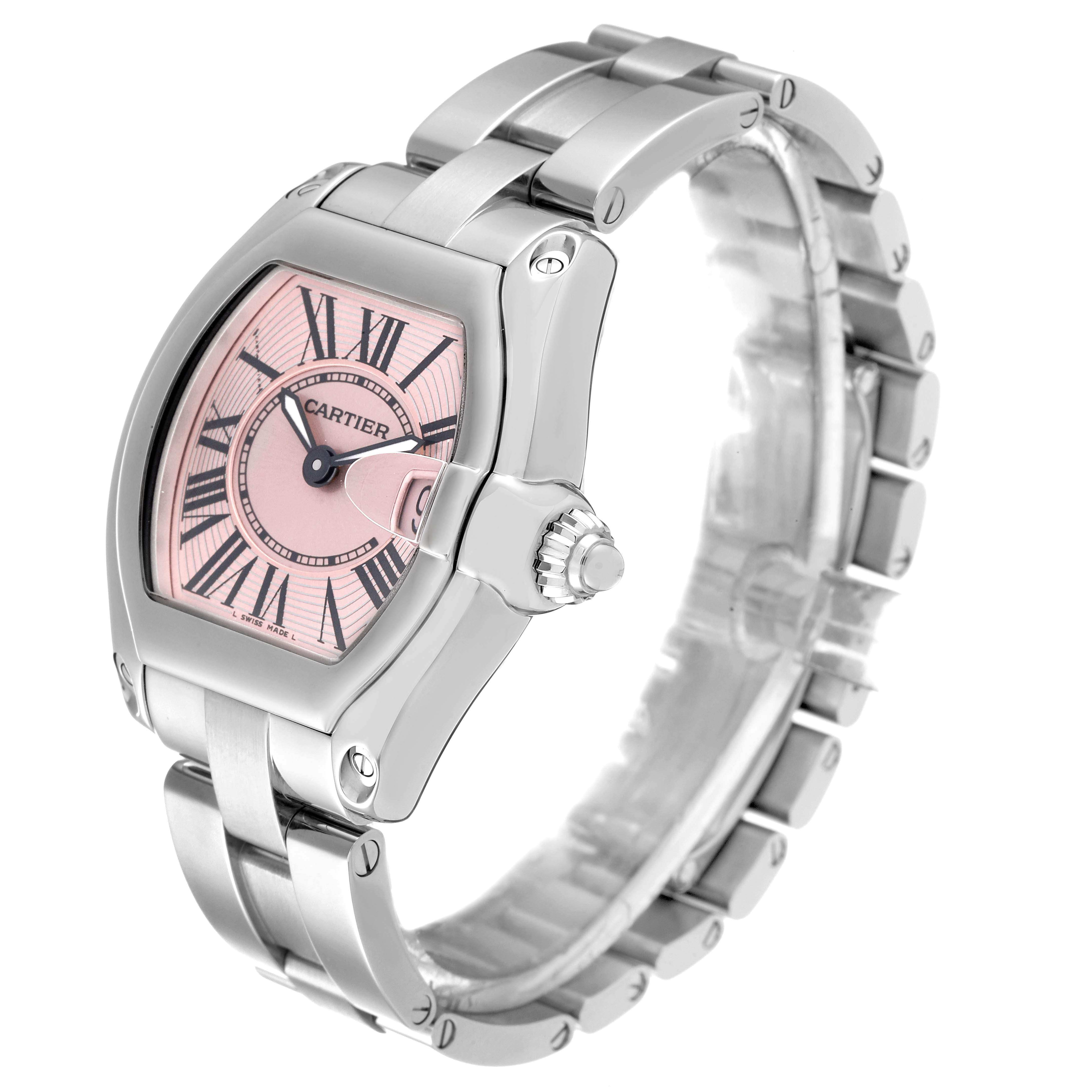 The Cartier Roadster W62017V3 Women's Stainless Steel Pink Dial W62017V3 Women's Stainless Steel Pink Dial watch is shown from a three-quarter angle focusing on the dial, crown, and bracelet.