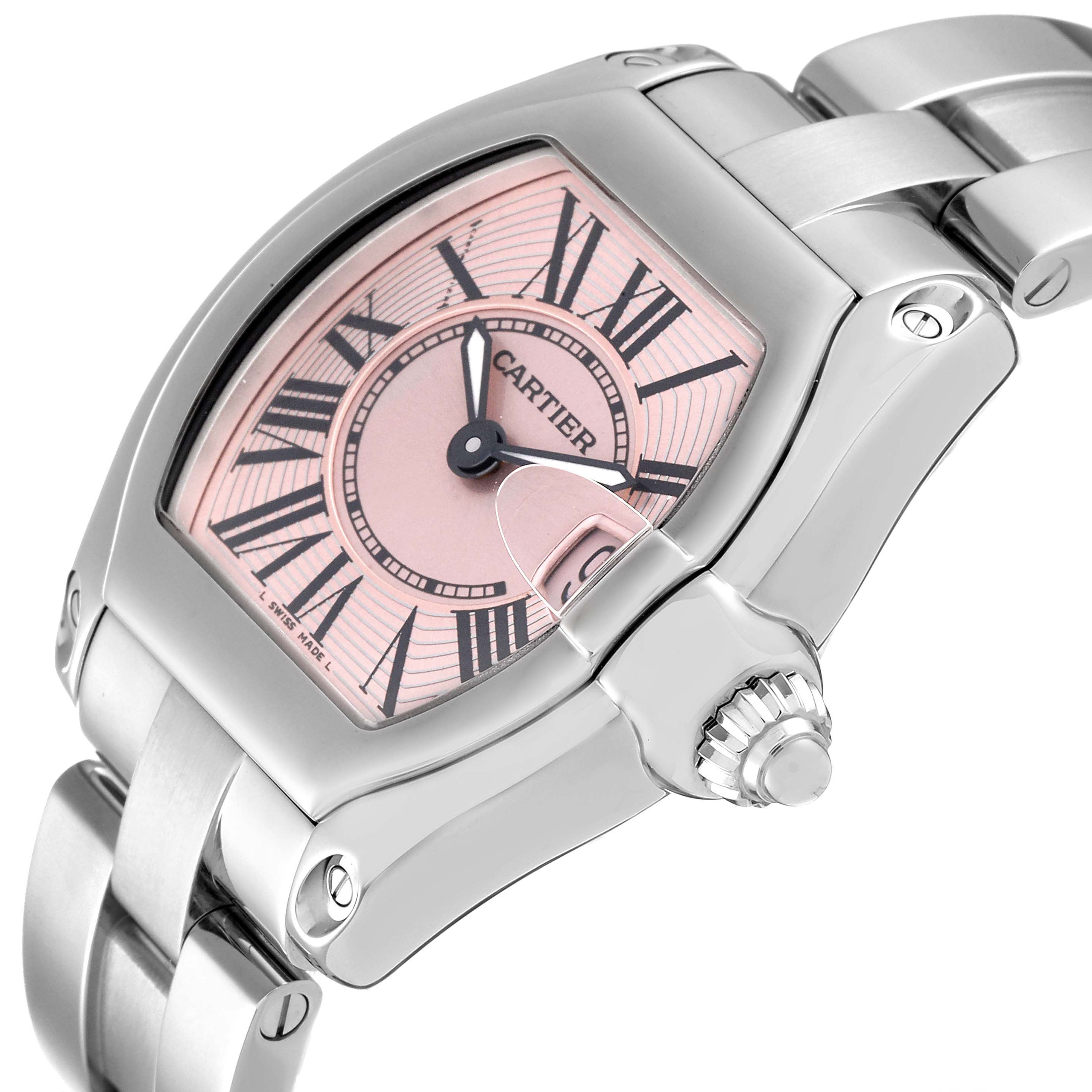 This image shows a close-up of the Cartier Roadster W62017V3 Women's Stainless Steel Pink Dial W62017V3 Women's Stainless Steel Pink Dial watch's case, dial, and bracelet at a slight angle.