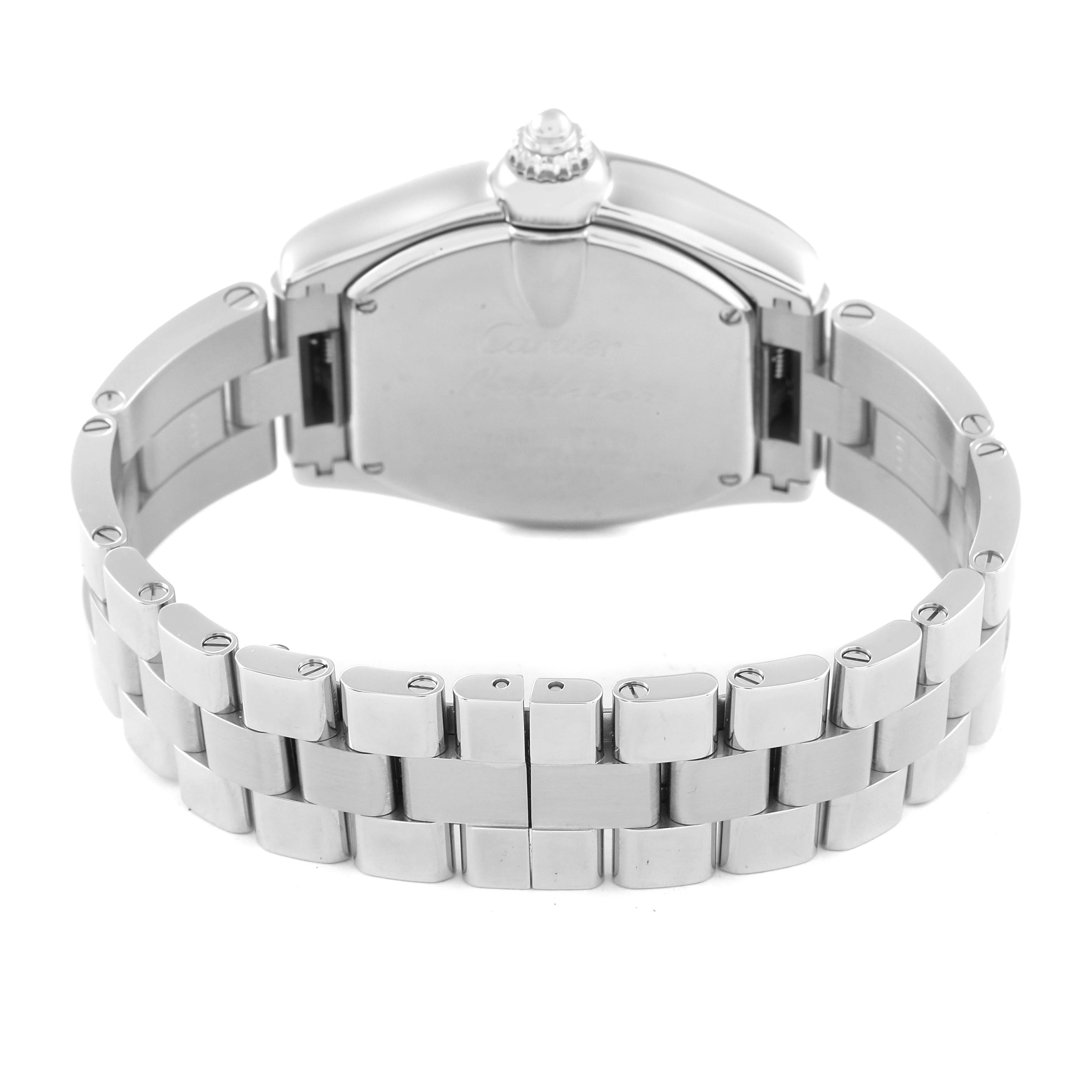 This image shows the back view of the Cartier Roadster W62017V3 Women's Stainless Steel Pink Dial W62017V3 Women's Stainless Steel Pink Dial watch, highlighting the metal bracelet and clasp.