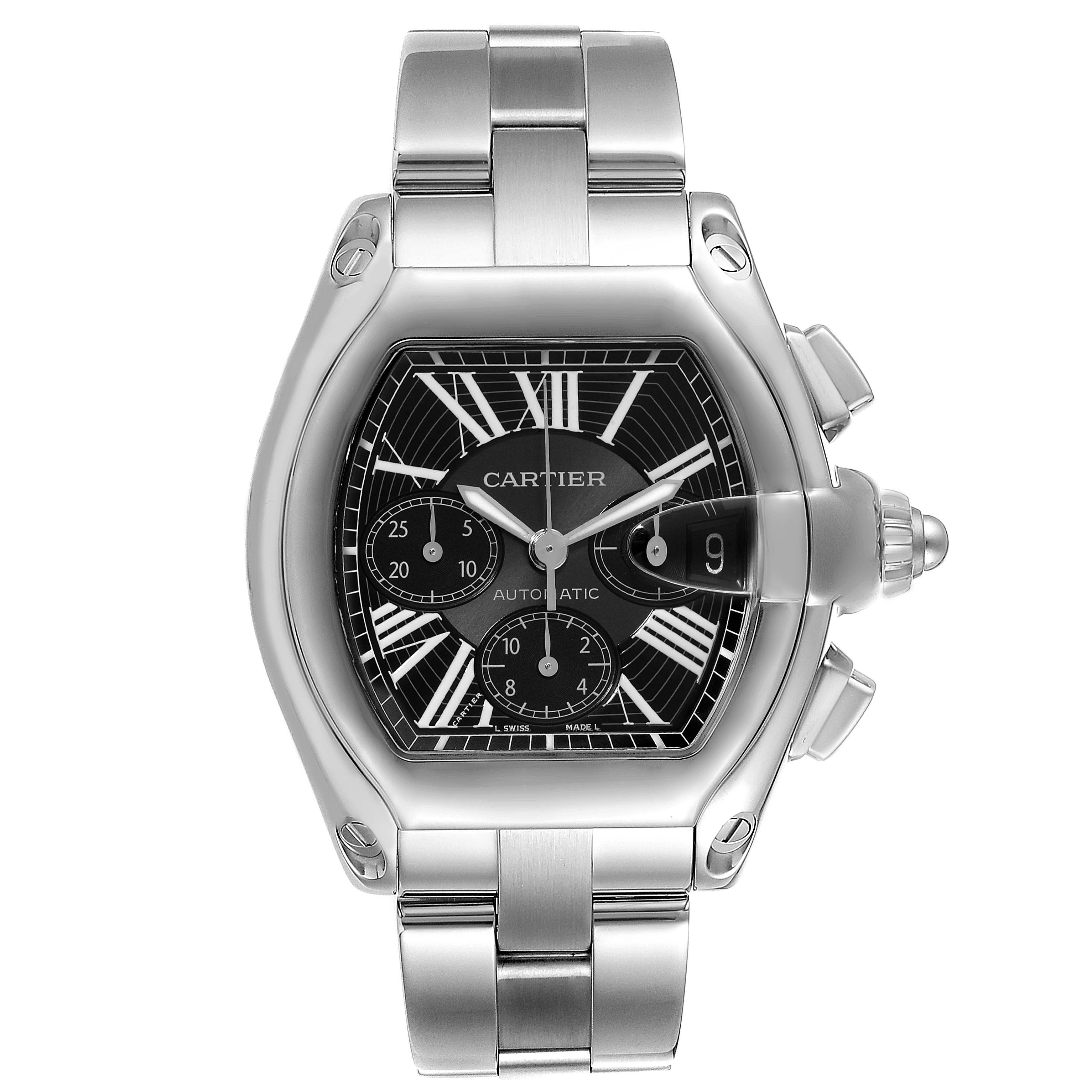 The image shows a frontal view of the Cartier Roadster W62020X6 Men's Stainless Steel Black Dial W62020X6 Men's Stainless Steel Black Dial watch, highlighting its dial, bezel, crown, and metal bracelet.