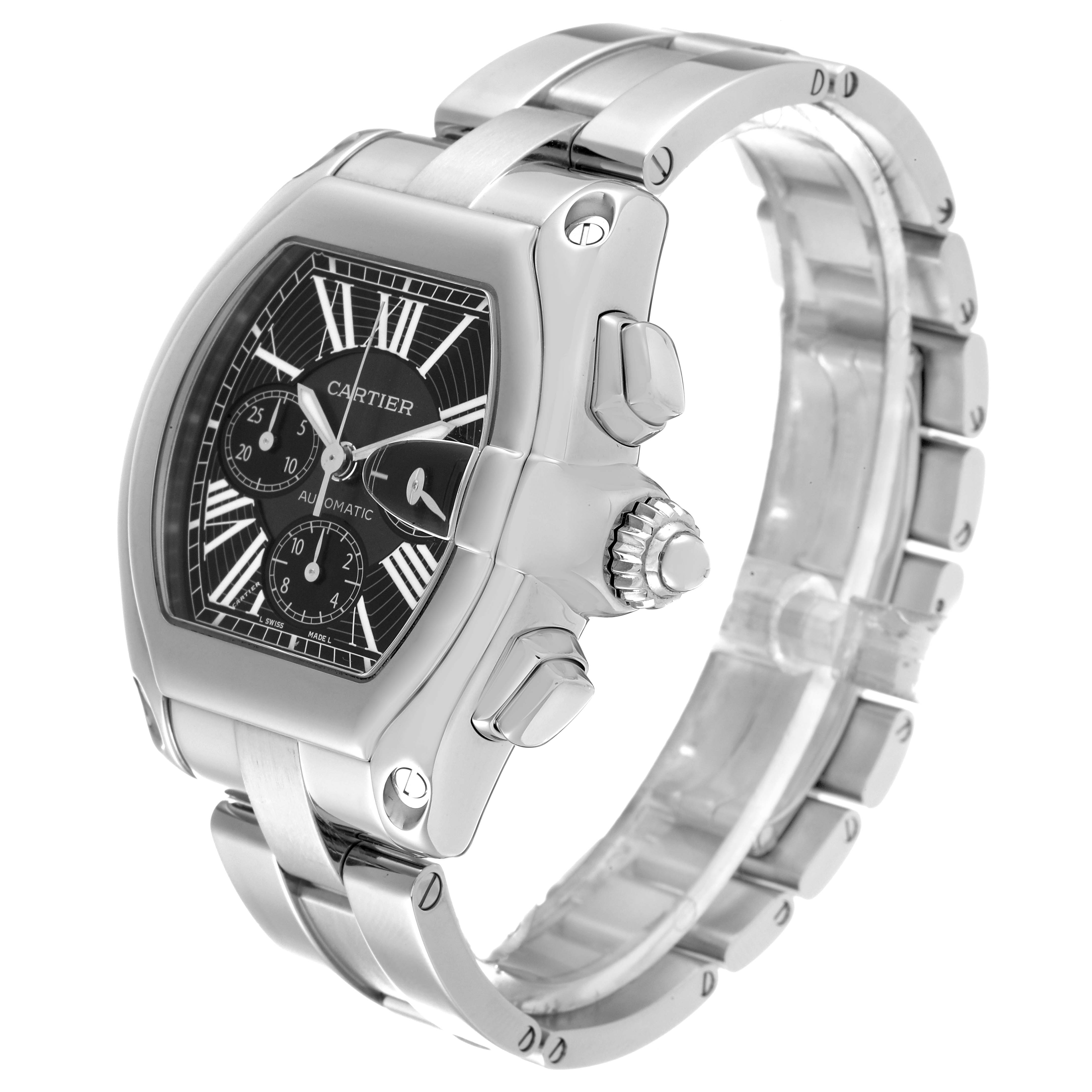 The image shows a Cartier Roadster W62020X6 Men's Stainless Steel Black Dial W62020X6 Men's Stainless Steel Black Dial watch angled to display the face, crown, and a portion of the metal bracelet.