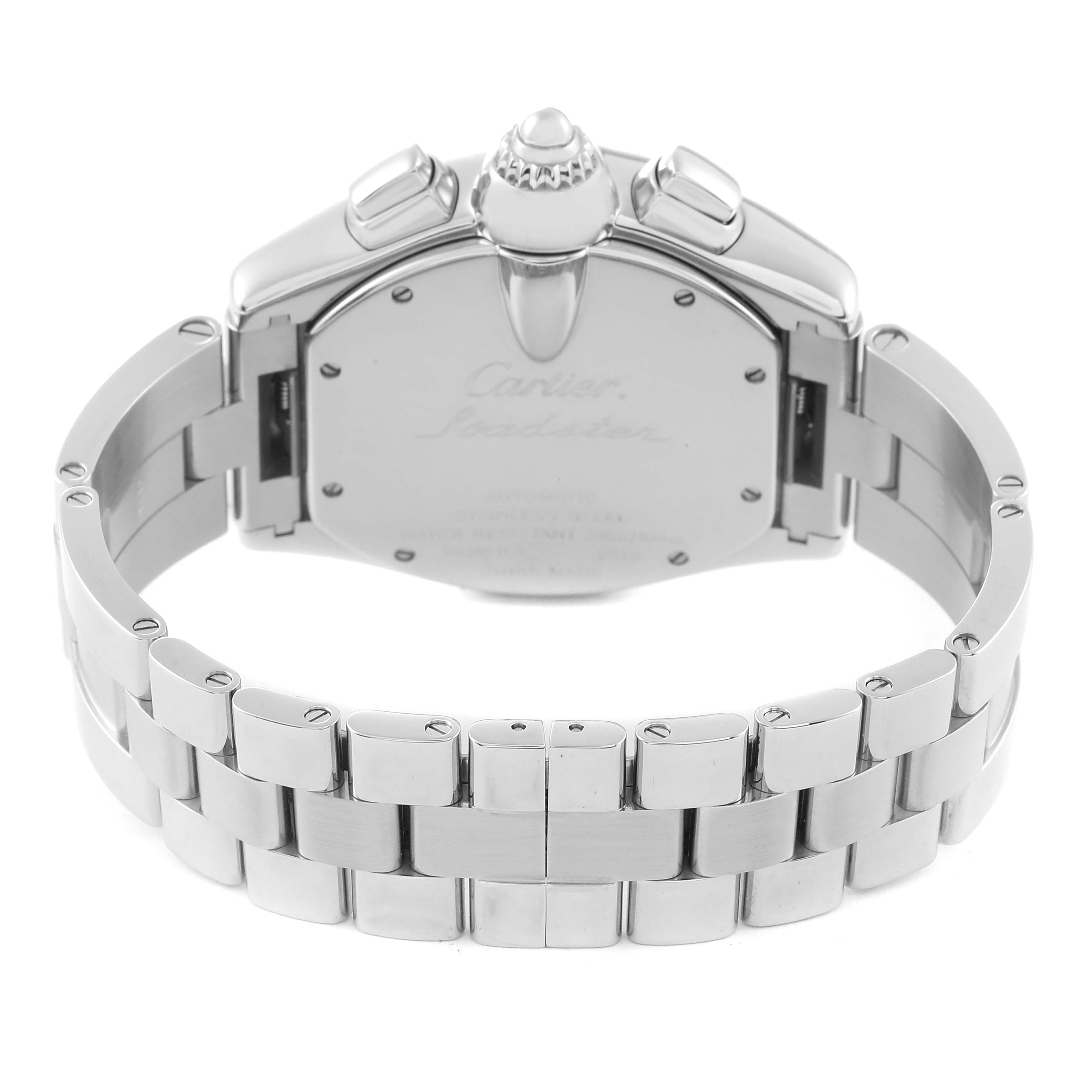 The image shows the back view of a Cartier Roadster W62020X6 Men's Stainless Steel Black Dial W62020X6 Men's Stainless Steel Black Dial watch, highlighting its case back and stainless steel bracelet.