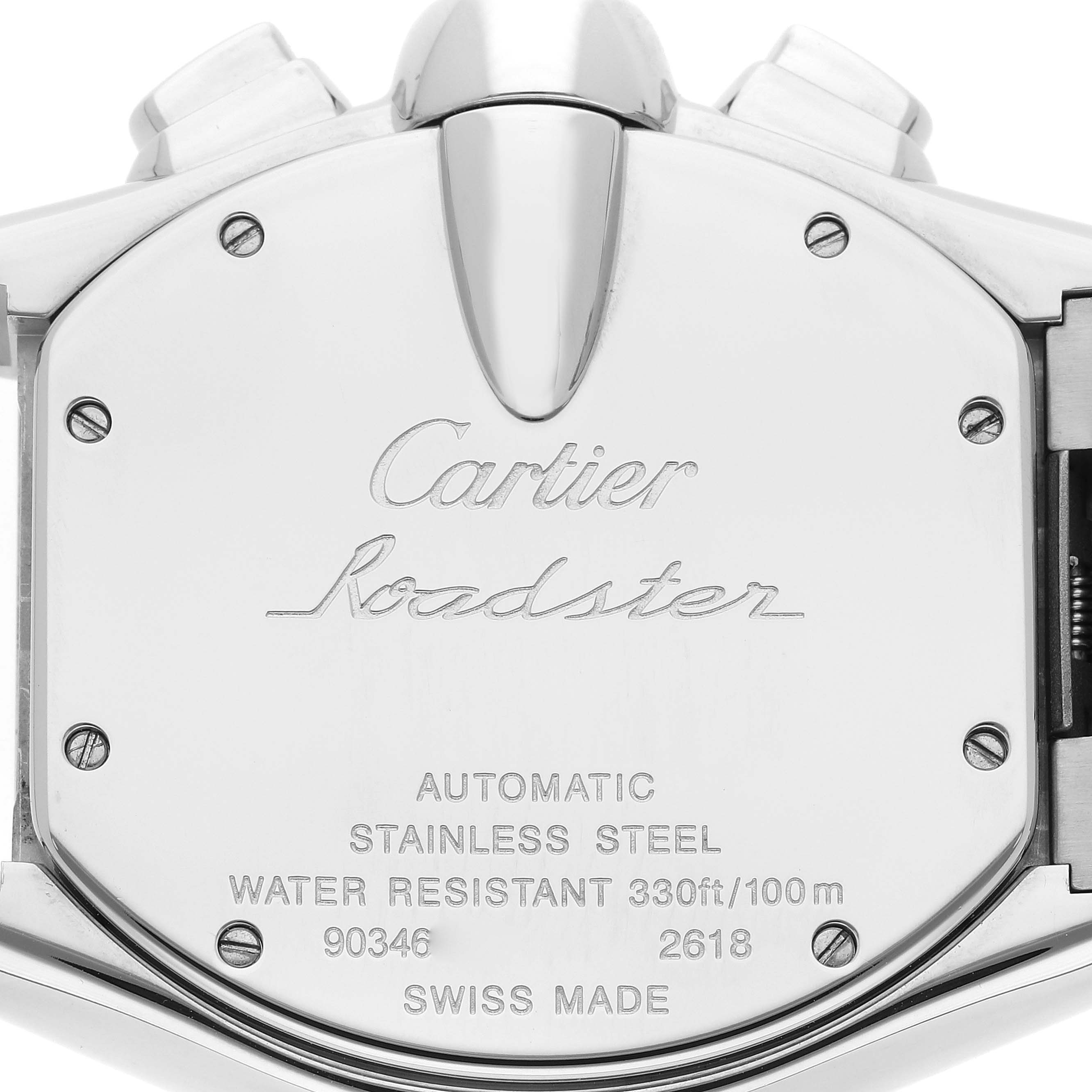 The image shows the case back of the Cartier Roadster W62020X6 Men's Stainless Steel Black Dial W62020X6 Men's Stainless Steel Black Dial watch, displaying the brand logo, model name, and specifications.