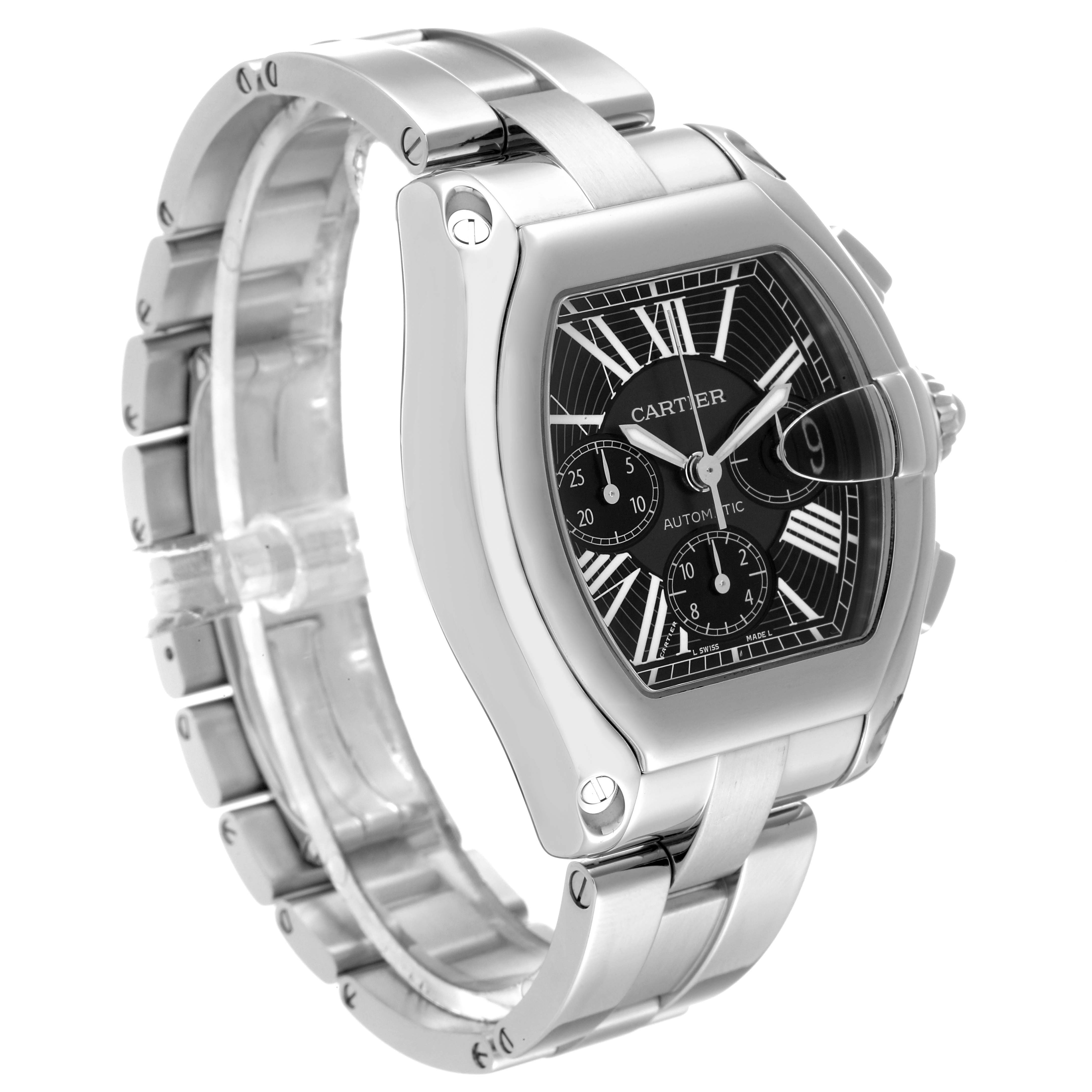 This image shows a Cartier Roadster W62020X6 Men's Stainless Steel Black Dial W62020X6 Men's Stainless Steel Black Dial watch angled to display the face, bezel, crown, and metal bracelet.