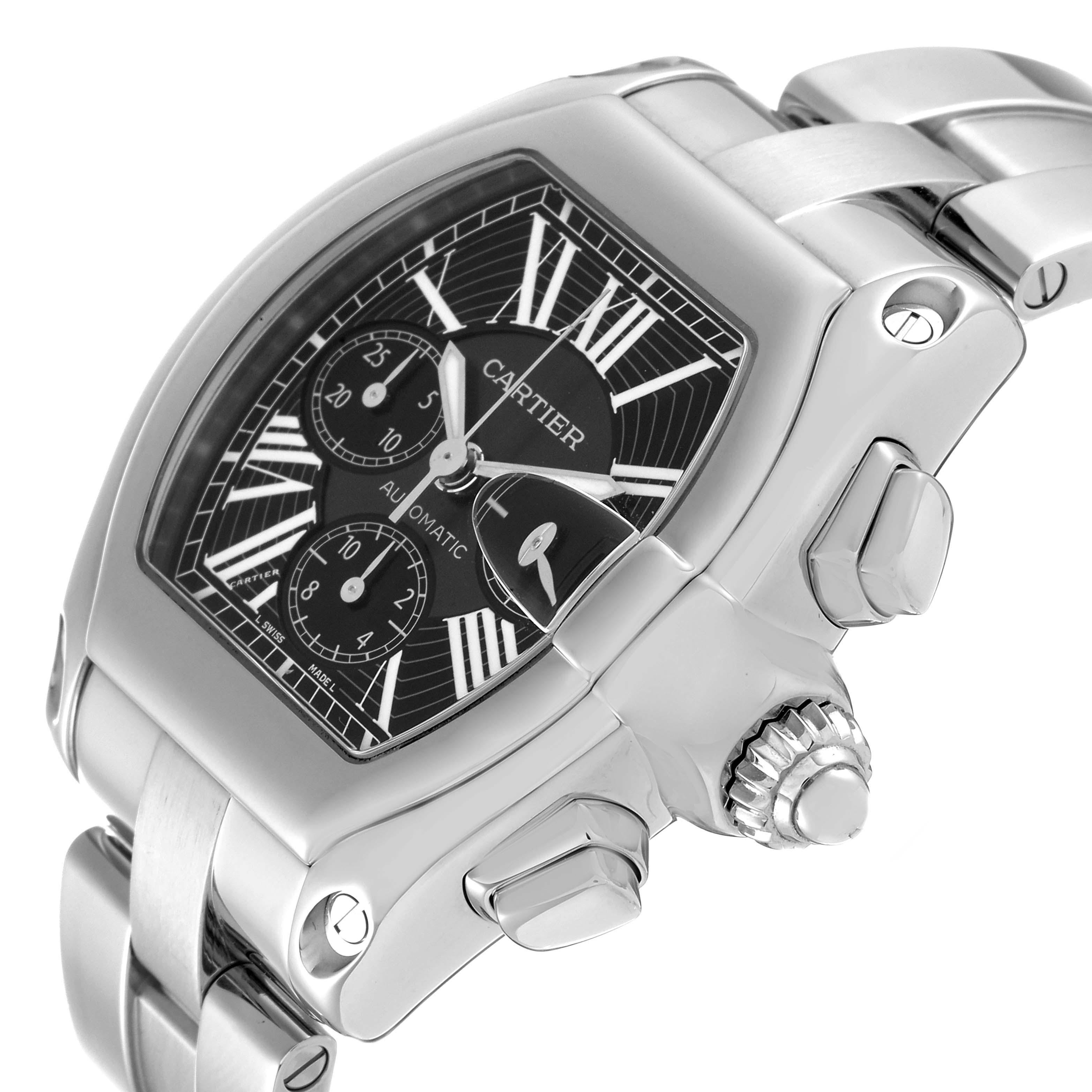 The Cartier Roadster W62020X6 Men's Stainless Steel Black Dial W62020X6 Men's Stainless Steel Black Dial watch is shown from a tilted angle, displaying its face, crown, and part of the bracelet.
