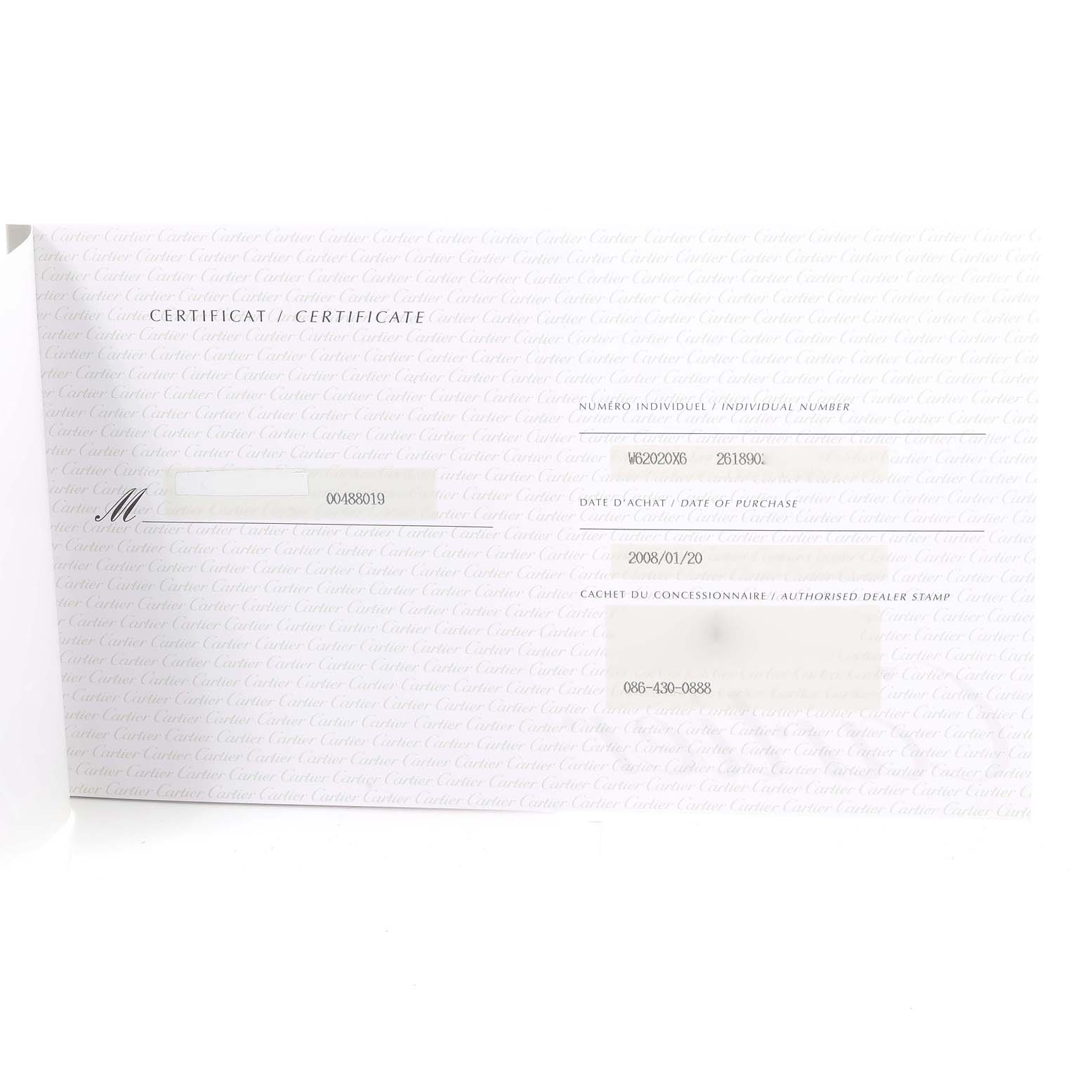 This image shows the certificate of authenticity for the Cartier Roadster W62020X6 Men's Stainless Steel Black Dial W62020X6 Men's Stainless Steel Black Dial watch, detailing purchase date and serial numbers.