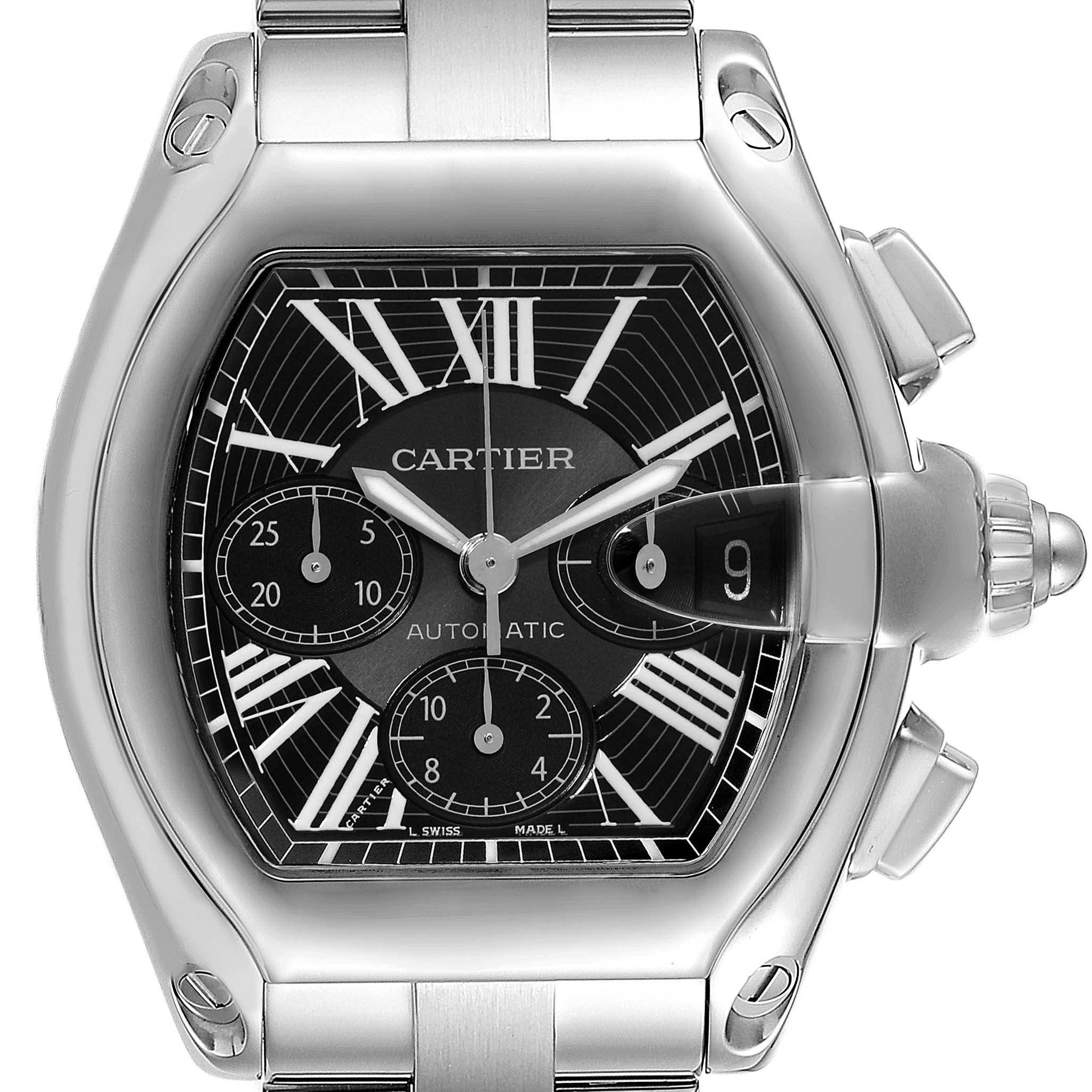 This image shows the front view of the Cartier Roadster W62020X6 Men's Stainless Steel Black Dial W62020X6 Men's Stainless Steel Black Dial watch, highlighting its face and bezel.