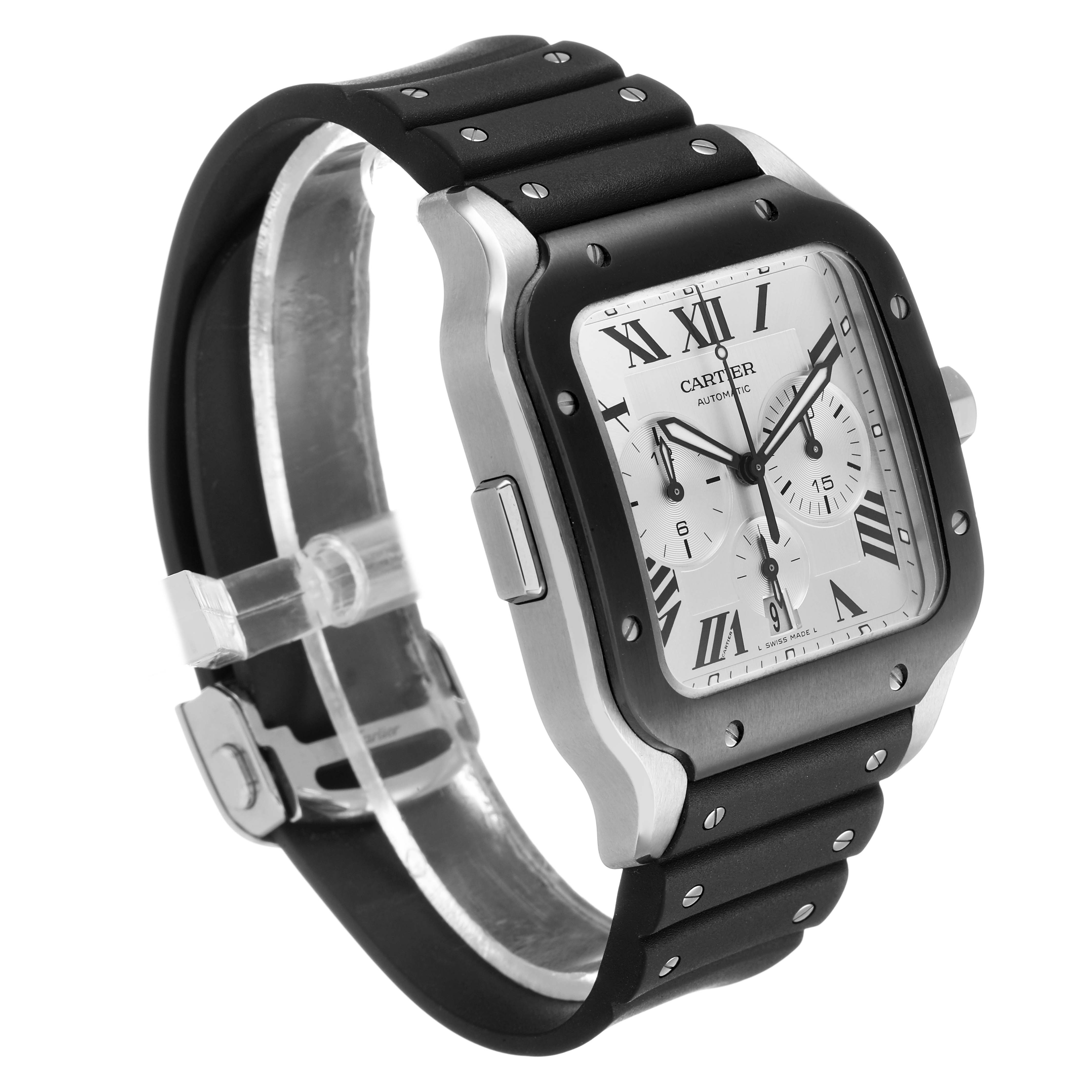 The image shows a side and frontal angle of the Cartier Santos WSSA0017 Men's Stainless Steel Silver Dial watch, highlighting the case, strap, dial, and bezel.