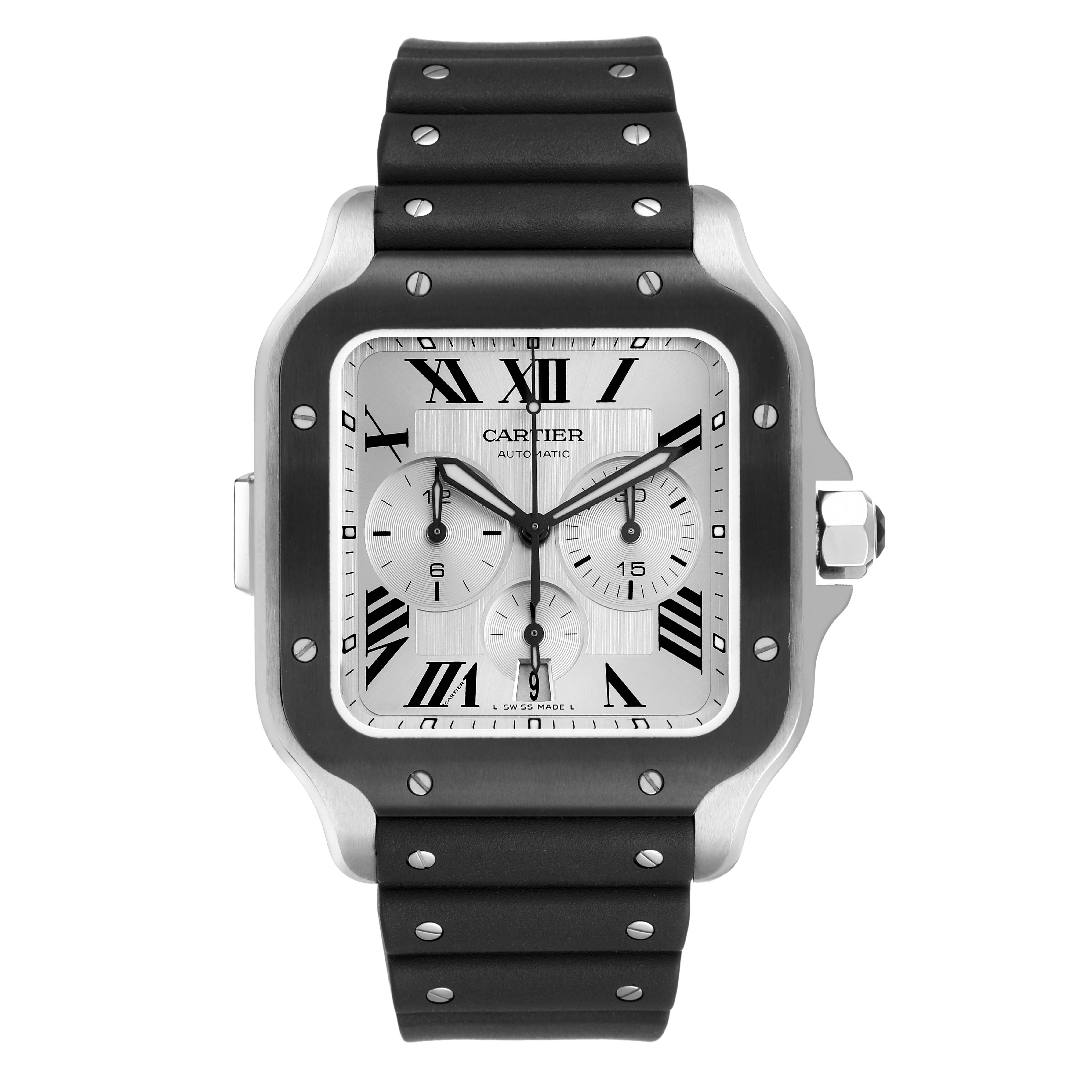 The Cartier Santos WSSA0017 Men's Stainless Steel Silver Dial watch is shown from the front, displaying the face, bezel, and strap with Roman numerals and chronograph features.