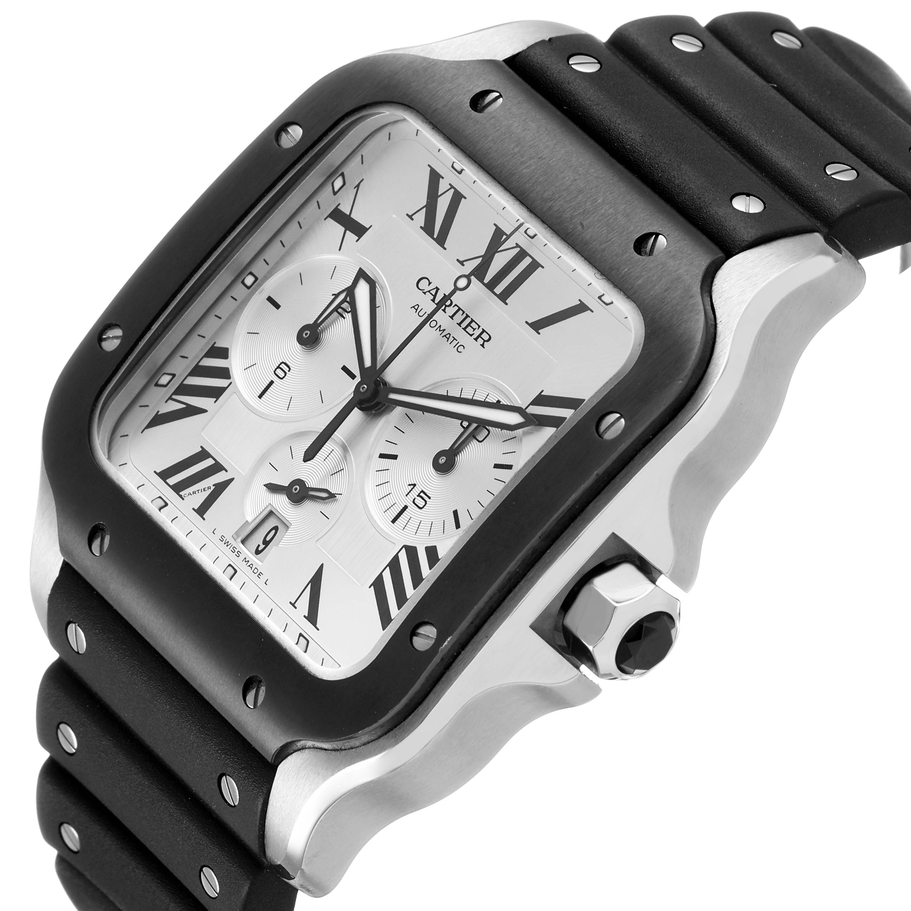 The image shows a Cartier Santos WSSA0017 Men's Stainless Steel Silver Dial watch at a three-quarter angle, highlighting the face, bezel, and part of the strap.