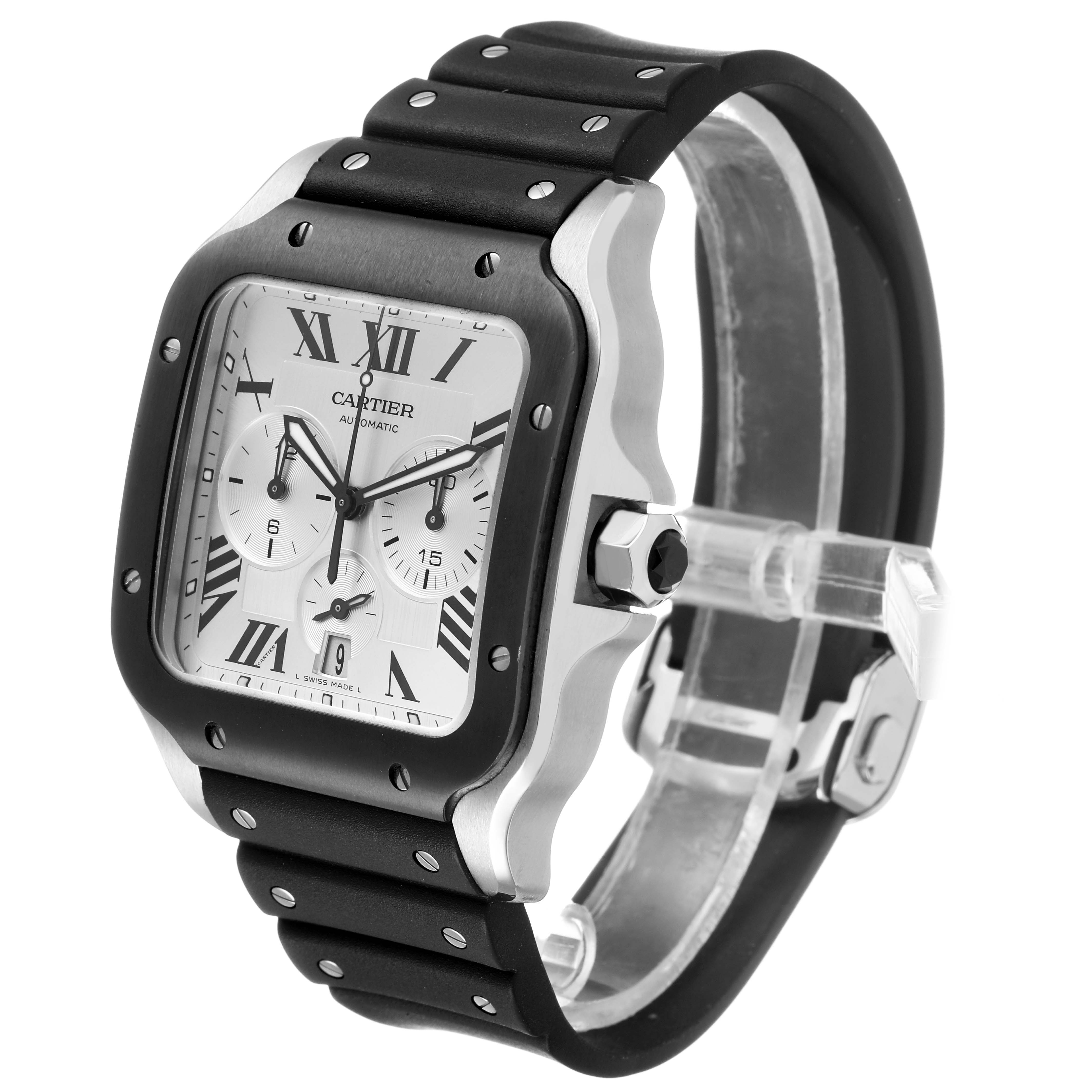 The Cartier Santos WSSA0017 Men's Stainless Steel Silver Dial watch is shown at a slight angle, displaying its square face, chronograph subdials, and rubber strap.