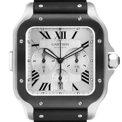 The Cartier Santos WSSA0017 Men's Stainless Steel Silver Dial watch is shown from the front, highlighting the dial, hands, and pushers.
