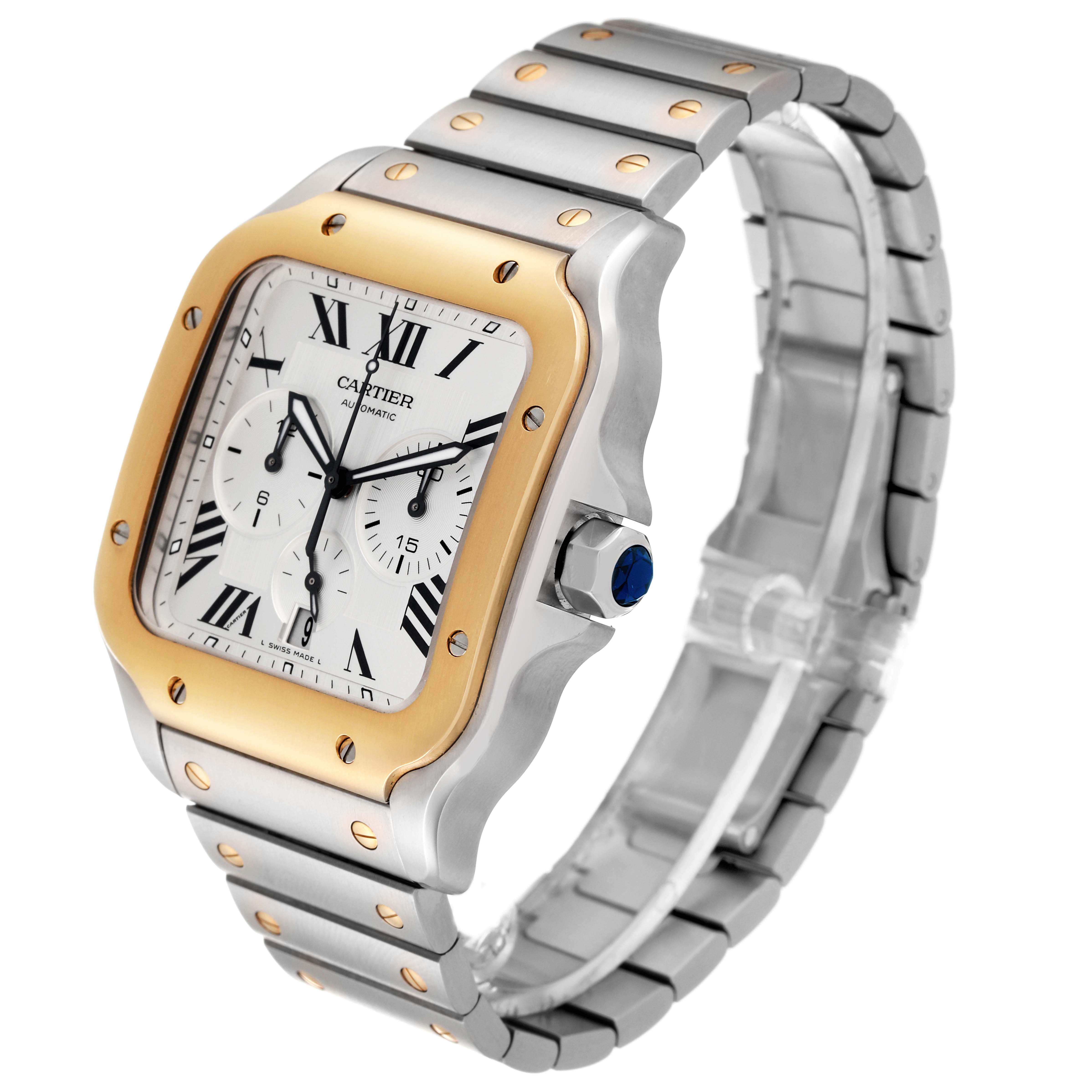 The image shows a Cartier Santos W2SA0008 Men's Steel and Gold (two tone) Silver Dial W2SA0008 Men's Steel and Gold (two tone) Silver Dial watch from an angled side view, highlighting the bezel, dial, crown, and bracelet.
