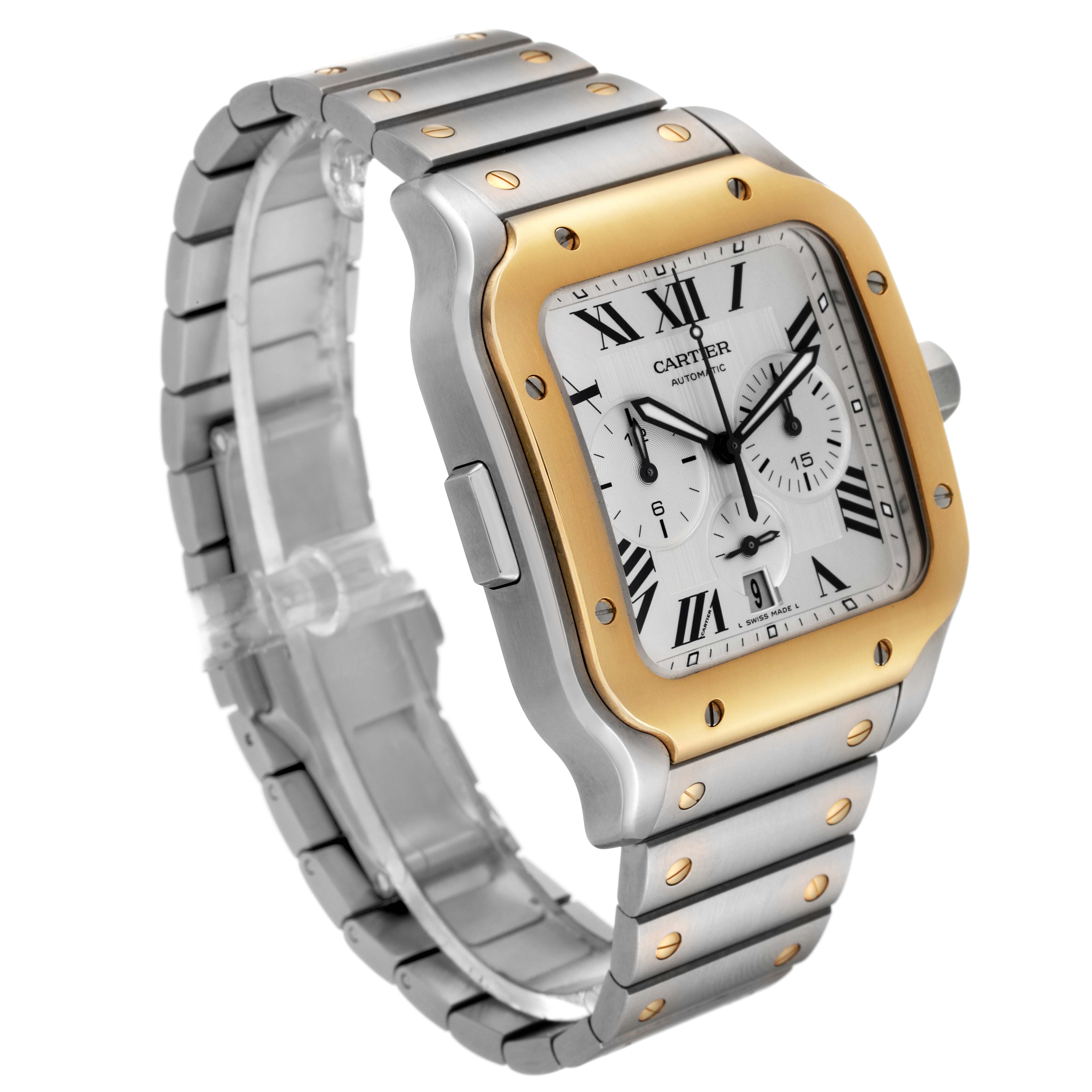 The Cartier Santos W2SA0008 Men's Steel and Gold (two tone) Silver Dial W2SA0008 Men's Steel and Gold (two tone) Silver Dial watch is shown from an angle highlighting its face, bezel, and bracelet.