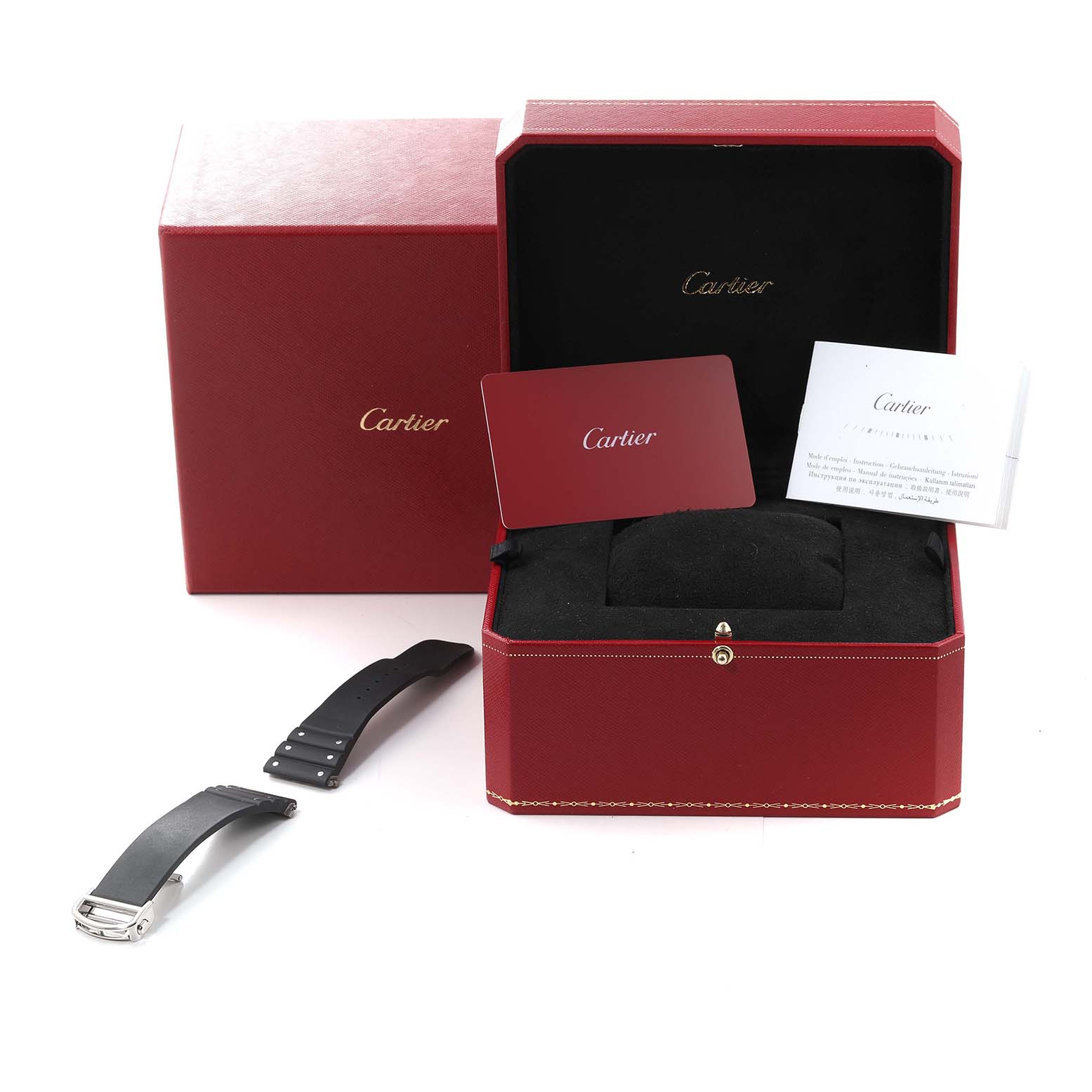 This image shows the Cartier Santos W2SA0008 Men's Steel and Gold (two tone) Silver Dial W2SA0008 Men's Steel and Gold (two tone) Silver Dial watch box, additional straps, a certificate card, and documentation.