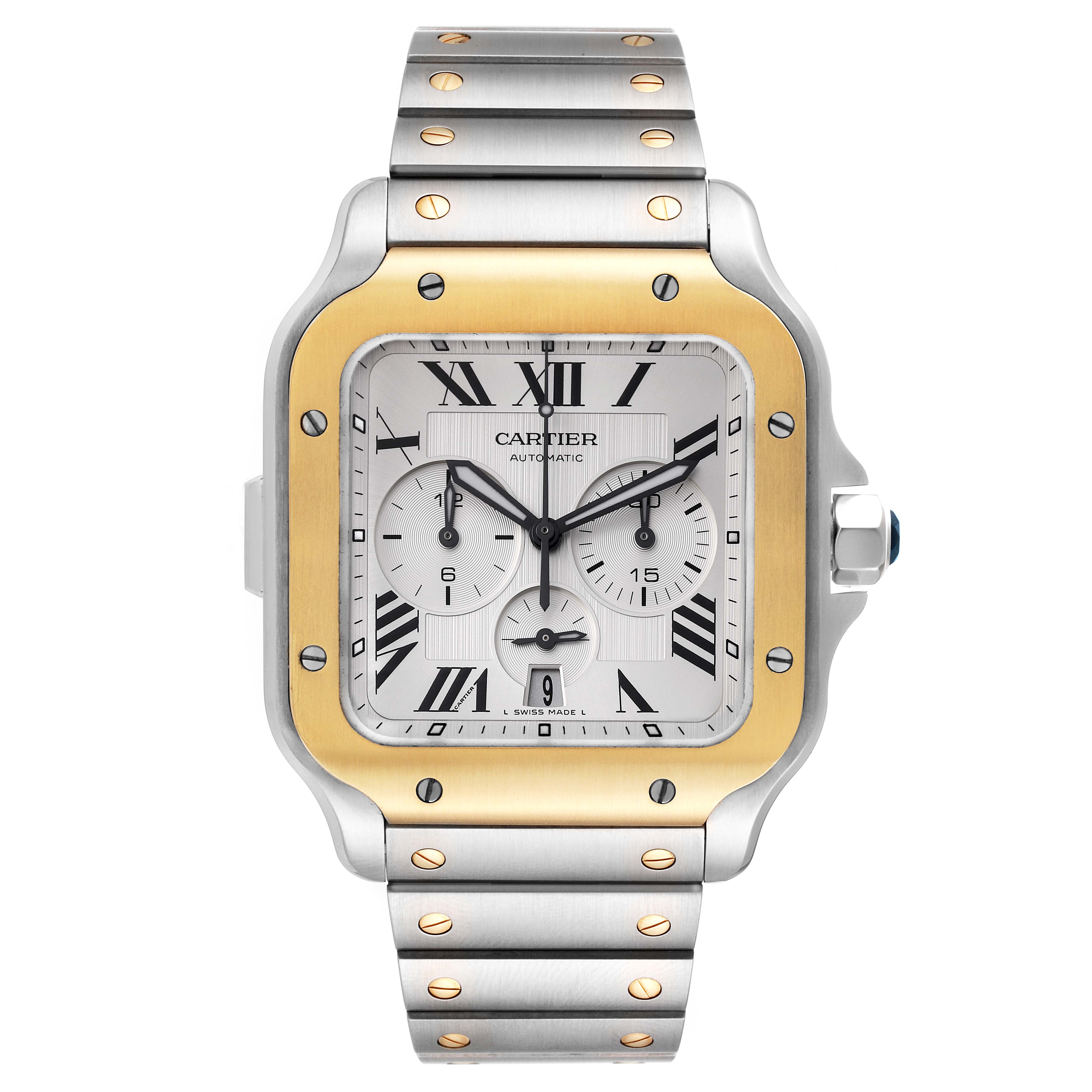 This image shows a front view of the Cartier Santos W2SA0008 Men's Steel and Gold (two tone) Silver Dial W2SA0008 Men's Steel and Gold (two tone) Silver Dial watch, highlighting its dial, bezel, and bracelet.