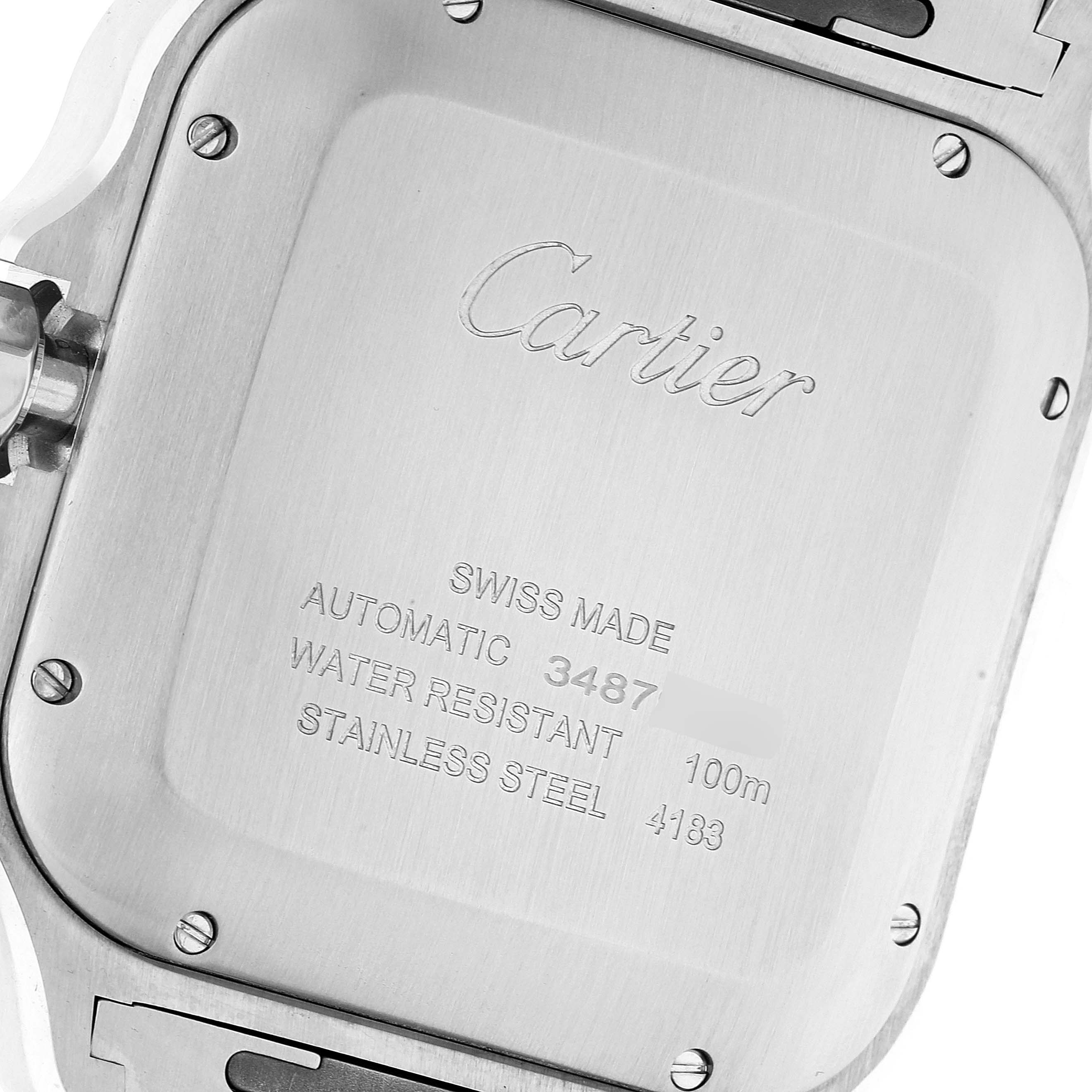 The image shows the back of a Santos model by Cartier watch, highlighting engravings and the case back screws.