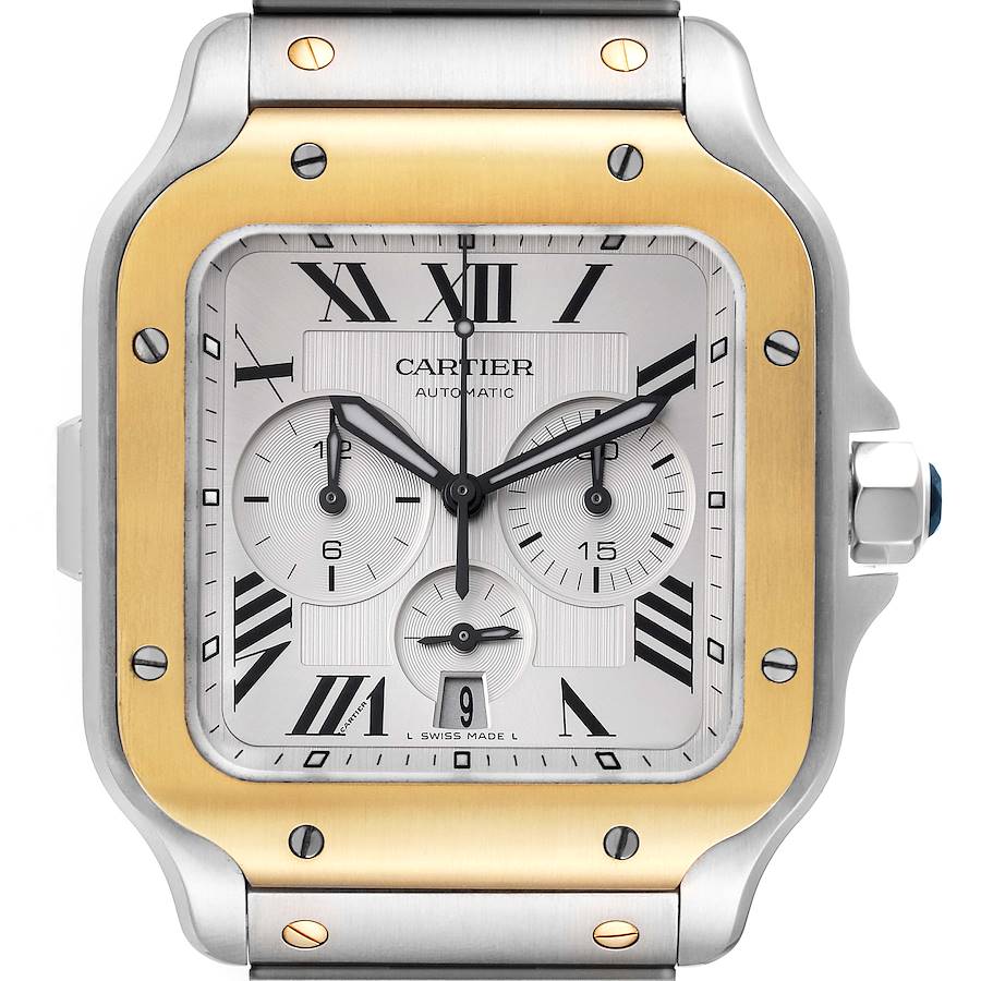 Cartier Santos XL Chronograph Steel Yellow Gold Mens Watch W2SA0008 Box Card SwissWatchExpo