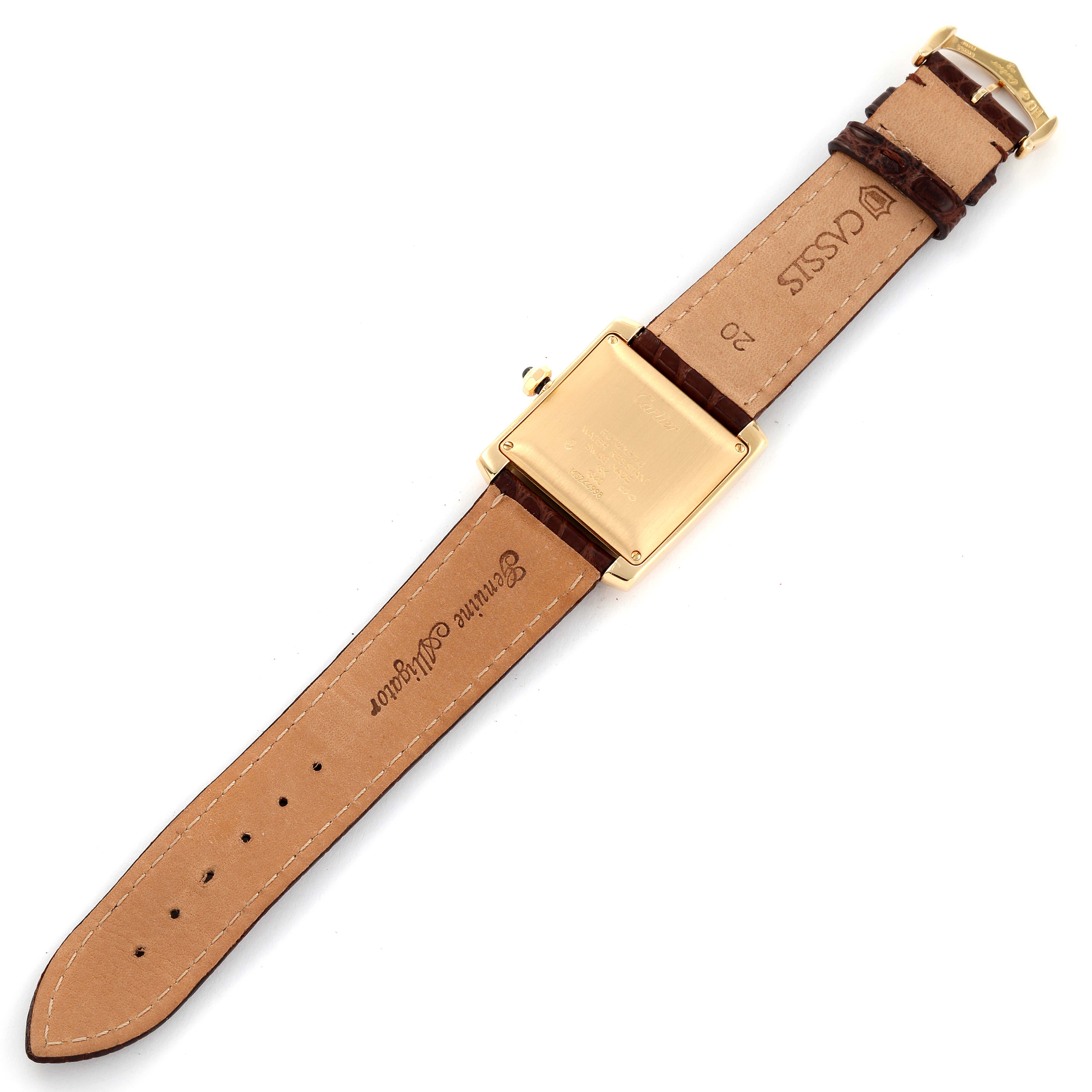 This image shows the back view of the Cartier Tank Francaise W5000156 Men's Yellow Gold Silver Dial W5000156 Men's Yellow Gold Silver Dial watch, highlighting the leather straps and gold square case.