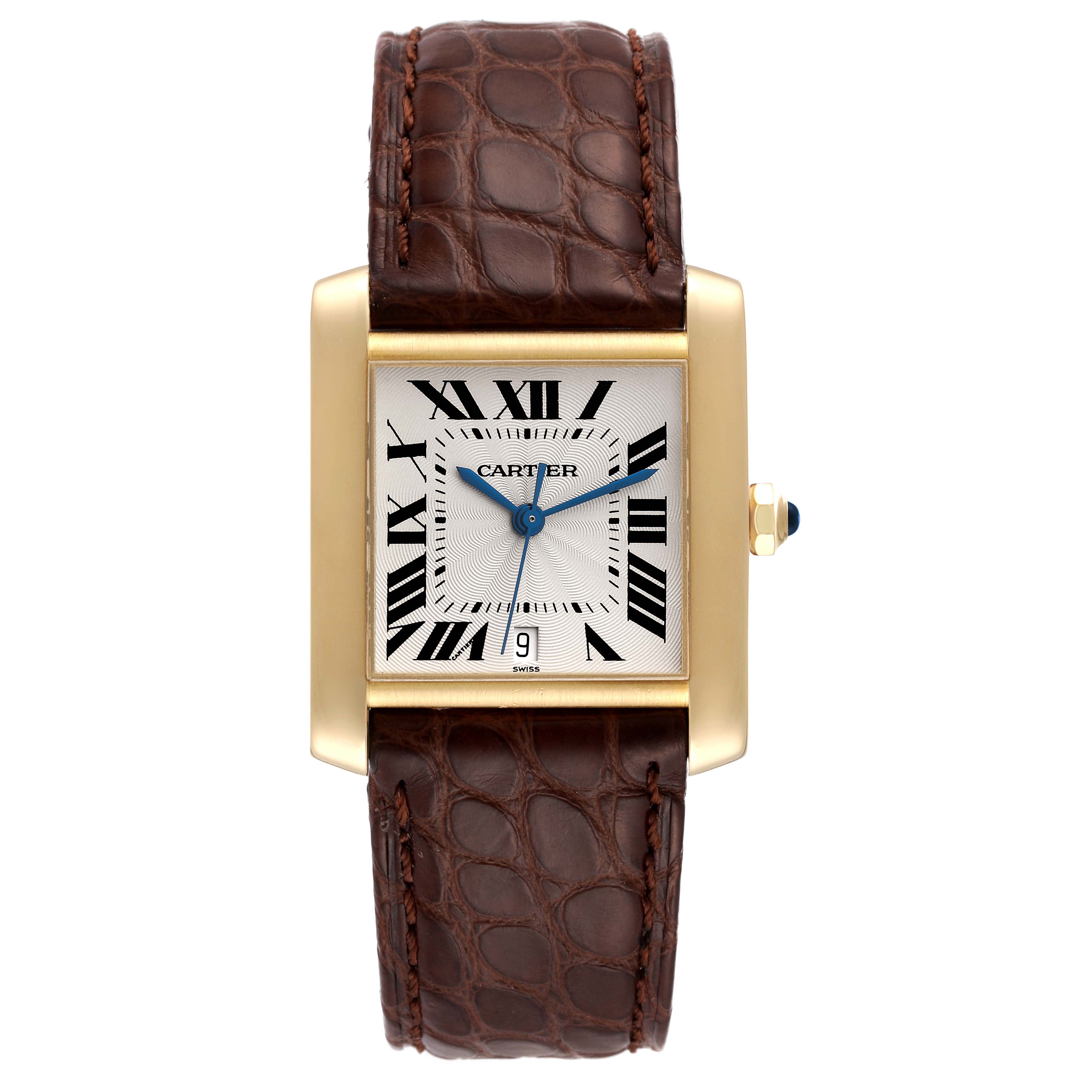 The image shows a Cartier Tank Francaise W5000156 Men's Yellow Gold Silver Dial W5000156 Men's Yellow Gold Silver Dial watch from the front, highlighting its rectangular face, Roman numerals, and brown leather strap.