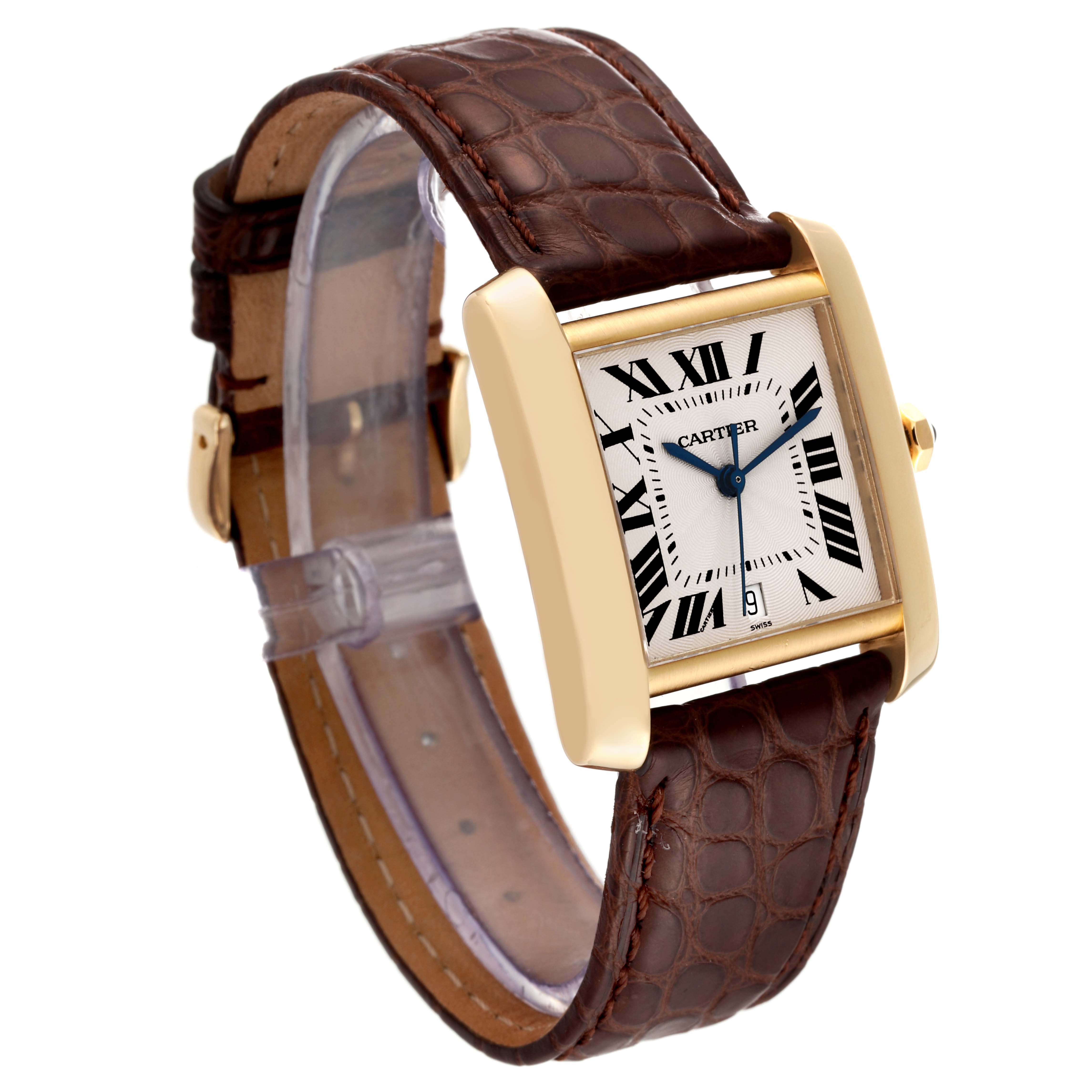 The Tank Française by Cartier is shown at an angle displaying the face, leather strap, and clasp of the watch.